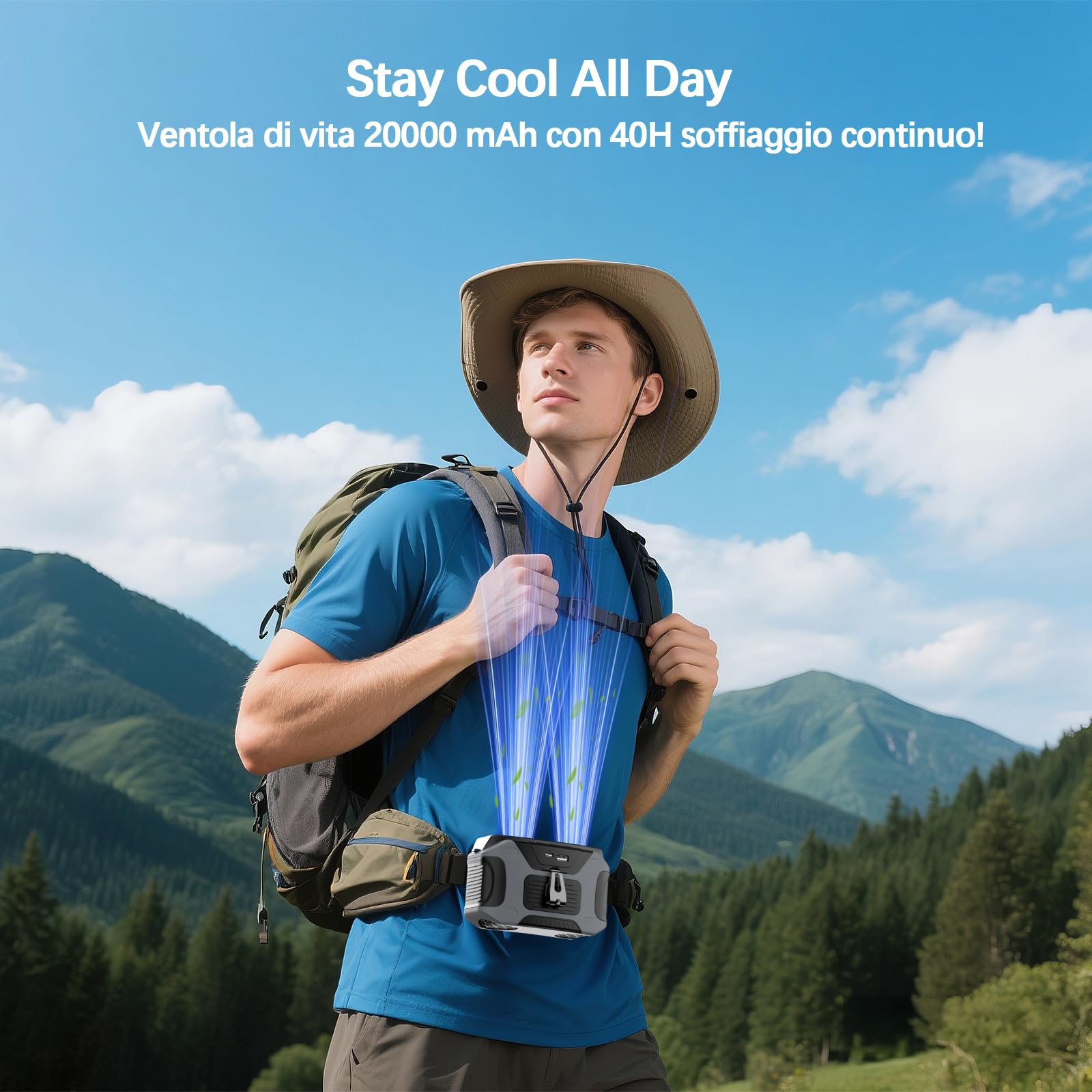 Ventilatore portatile ricaricabile 20000mAh con clip da cintura, autonomia di 40 ore, doppio flusso d'aria regolabile in 5 velocità, design hands-free, ideale per campeggio e attività all'aperto