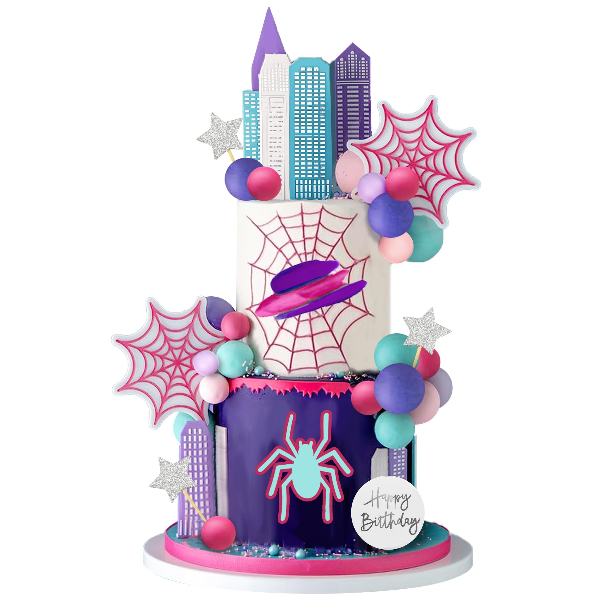Spider Cake Topper with Pink Spider Web Balls Stars for Animal Themed Birthday