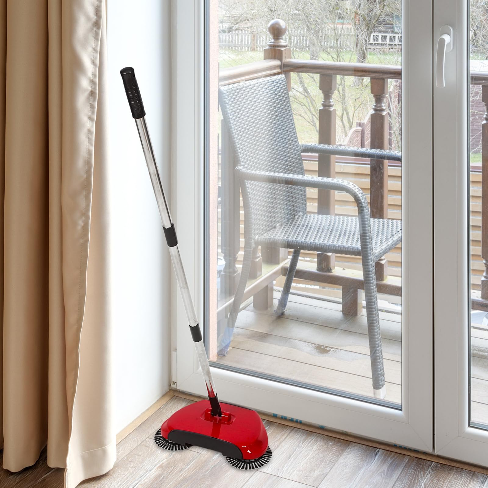 IWOWHERO Cordless Floor Sweeper Hand Push Sweeper Multi-Function 3-in-1 Broom Dustpan Trash Bin 360° Rotating Floor Cleaning Mop Random Color