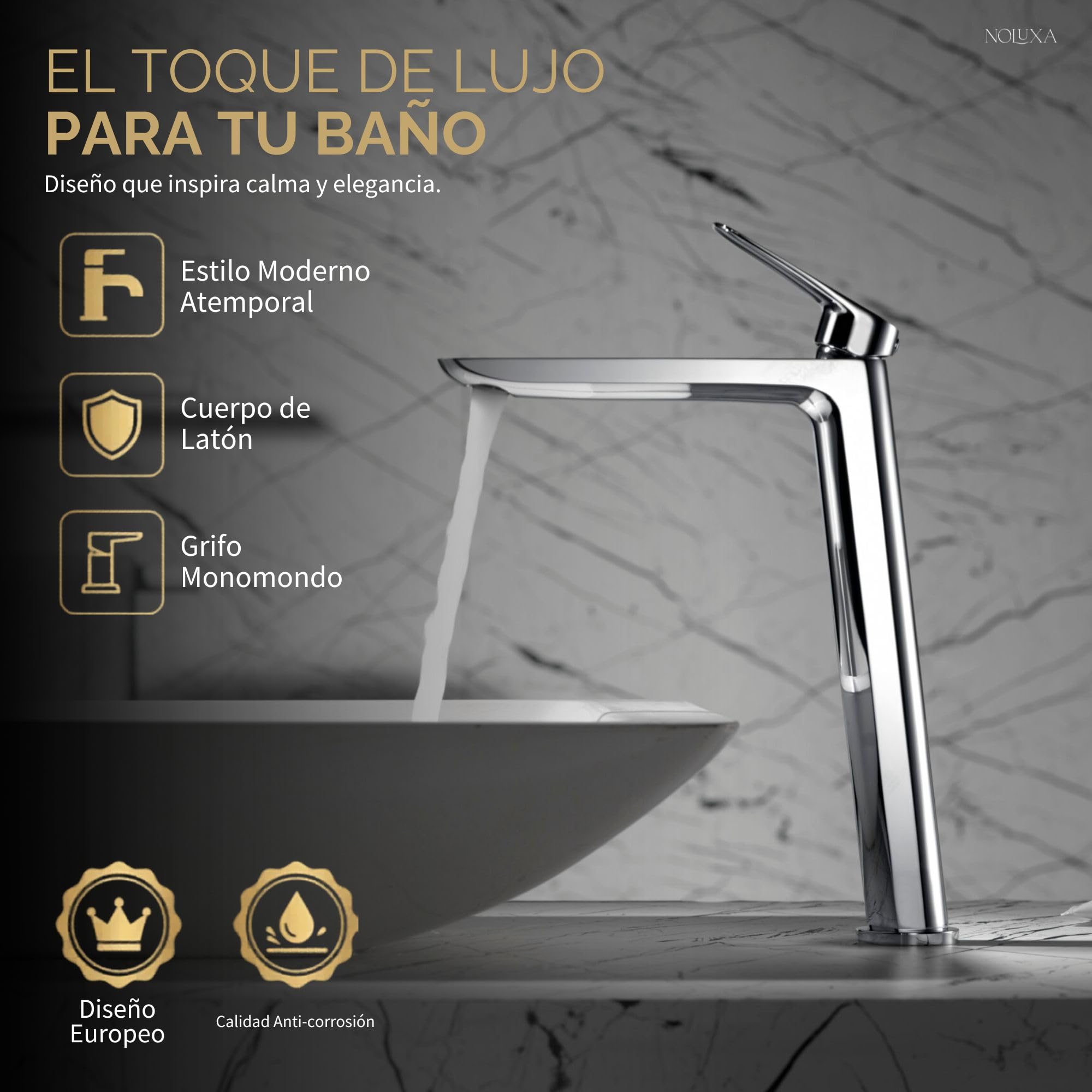IMEX - Grifo Lavabo Cromado Caño Alto | Grifo Baño Mezclador Agua Fria y Caliente | Grifería Monomando Efeto Cascada con Caño de Latón y Ahorro de Agua | Serie Bélgica | Color Cromado