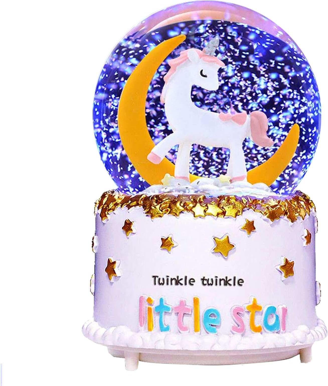 Unicorn Snow Globe, 80 MM Manual Snowfall Cartoon Moon Music Box Home Decoration for Girls Kids Granddaughters Babies Birthday Gift, Musical, Resin/Glass