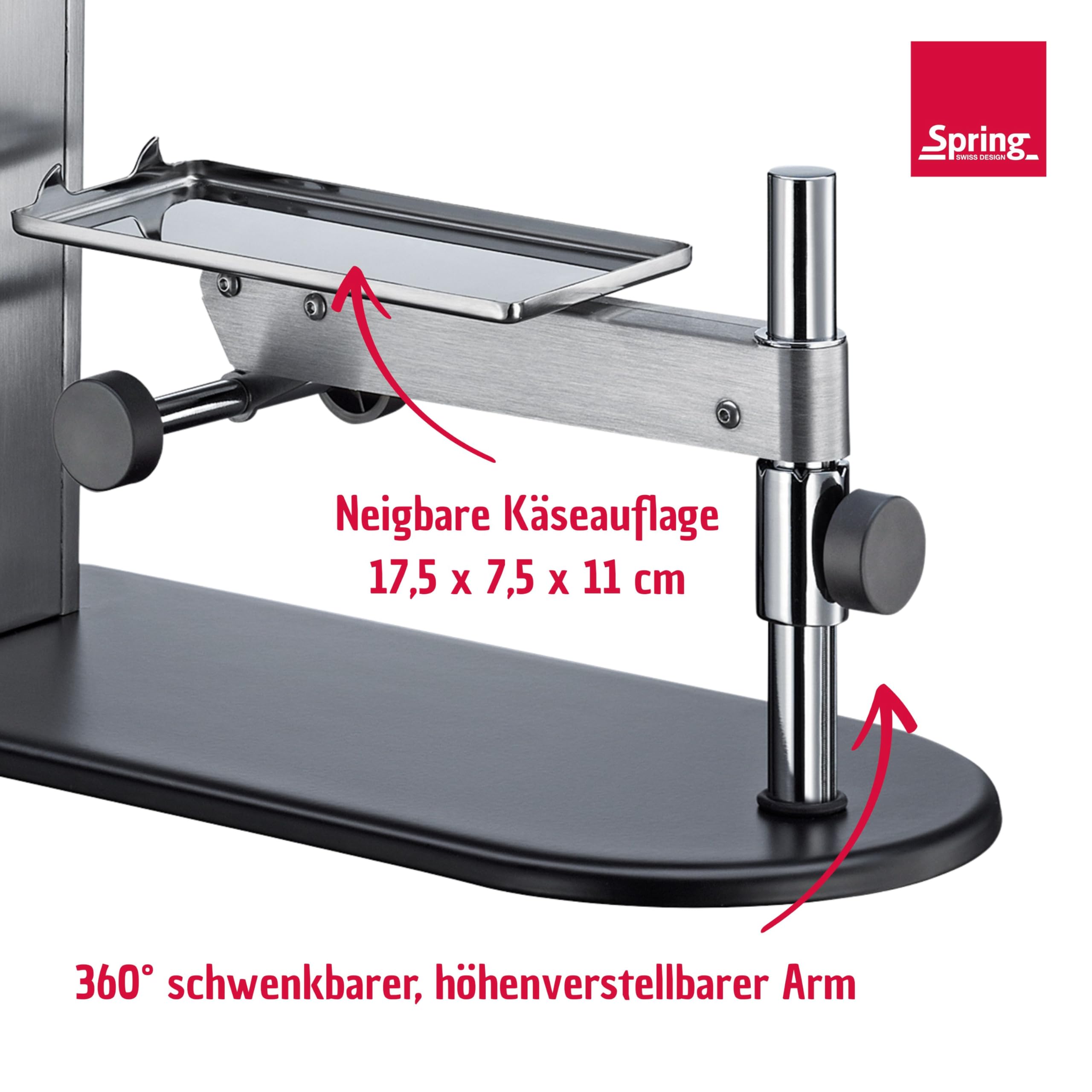 Spring Raclette-Ofen CHALET, 360° schwenkbarer Arm, Edelstahlgehäuse | Käseschmelzer, Aluminiumguss-Grillplatte, Antihaftbeschichtung, stufenlose Temperaturregelung, 600 Watt, schwenkbarer Arm