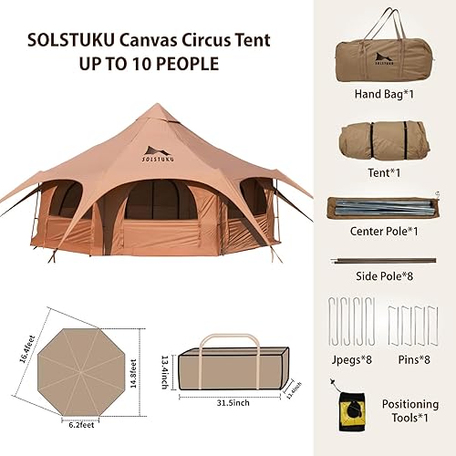 Miniatura 9 de SOLSTUKU - Tienda de campaña de lona de 16.4 pies x 9.2 pies de alto con gato de estufa para Glamping Familiar Camping con cremallera extraíble