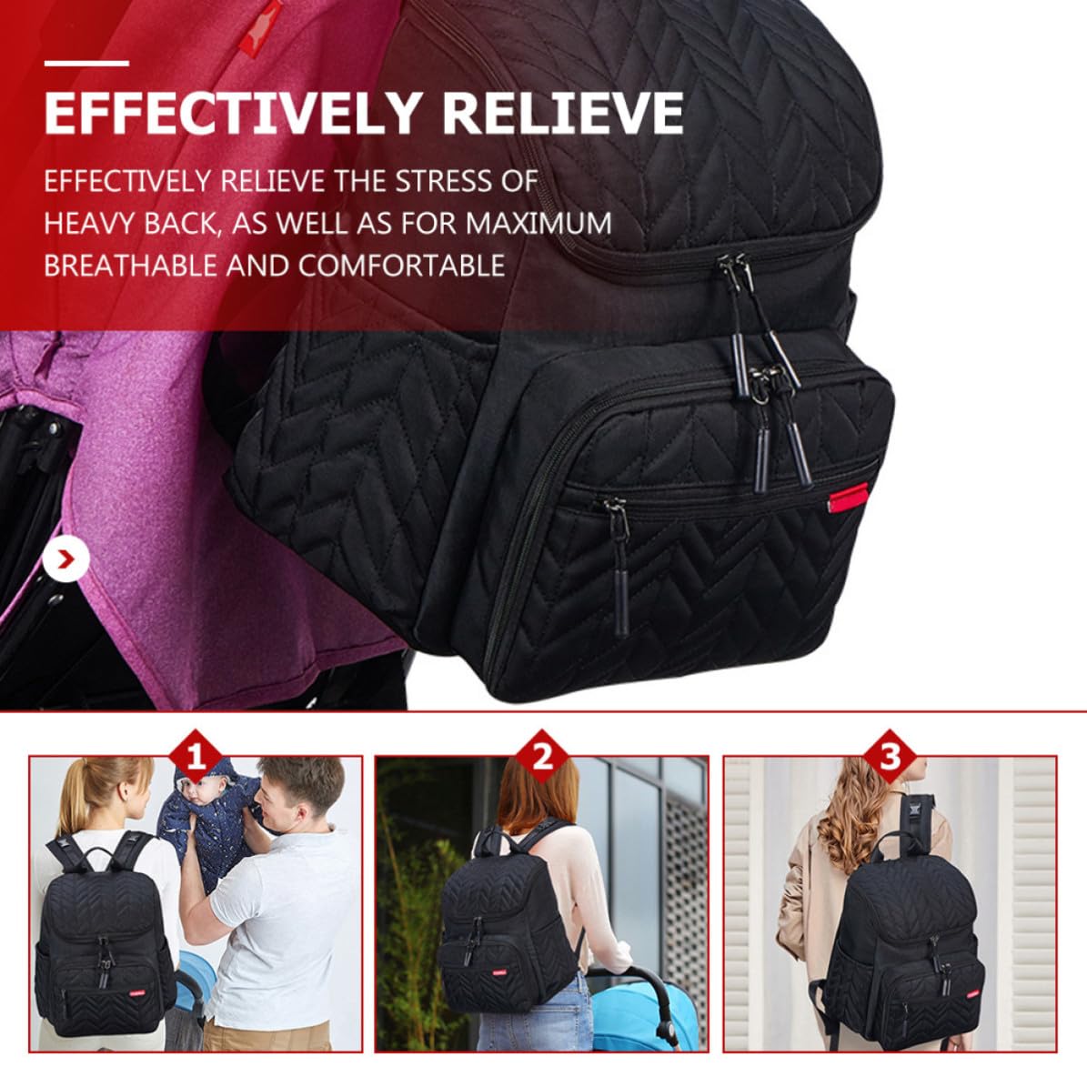 Bolsa de Pañales Mochila de Gran Capacidad Negra de Nylon y Poliéster