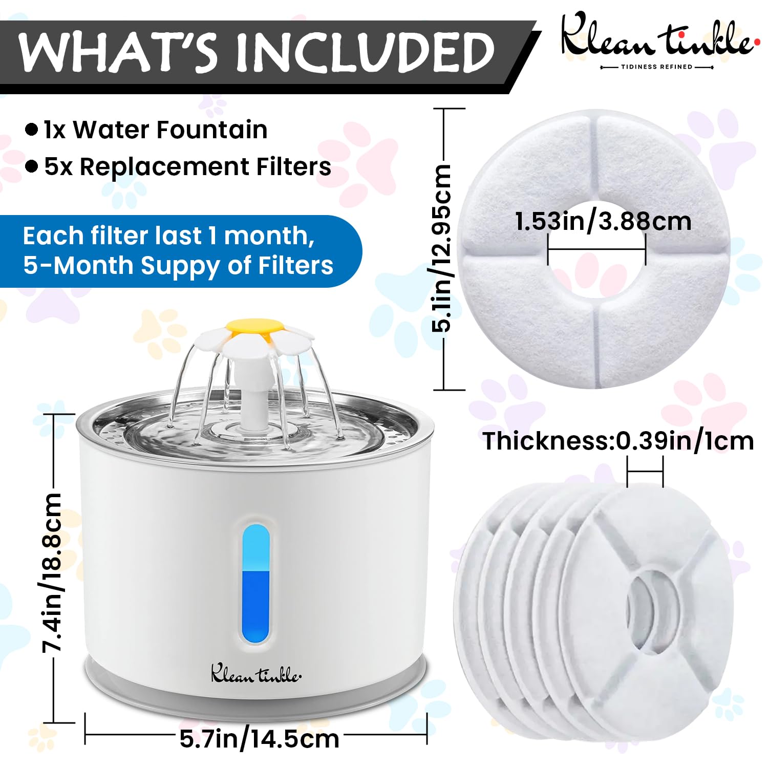 LED Automatic Pet Drinking Fountain Dispenser Bowl 2.4L (80 oz) Large Capacity White Cat Fountain with 5 Filters - 5 Month Supply - Small dog Fountain - Quite Design is Safe with Adjustable Water Flow