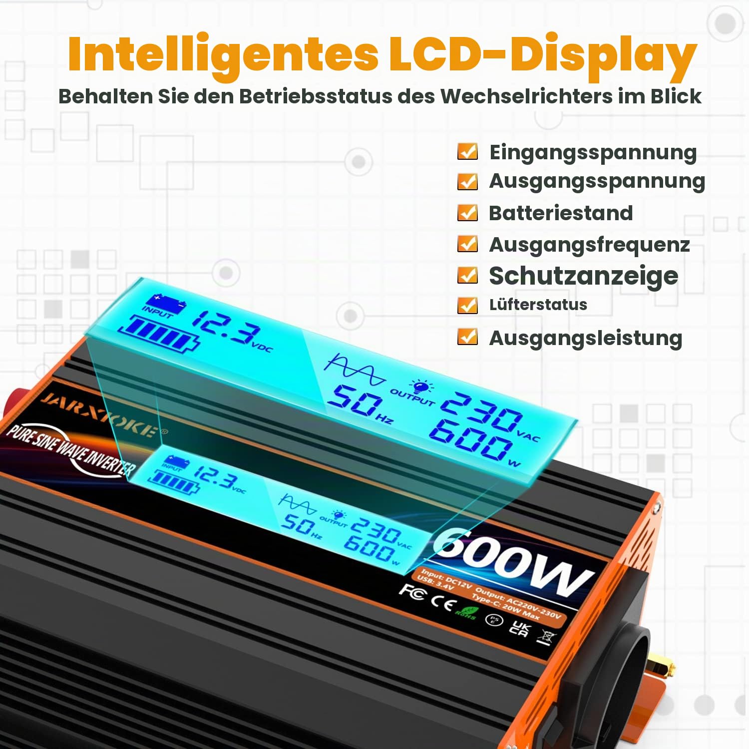 600W/1200W Wechselrichter 12v auf 230v Reiner Sinus Spannungswandler Power Inverter Umwandler Stromwandler mit EU-Steckdose LCD Digital Anzeig Konverter