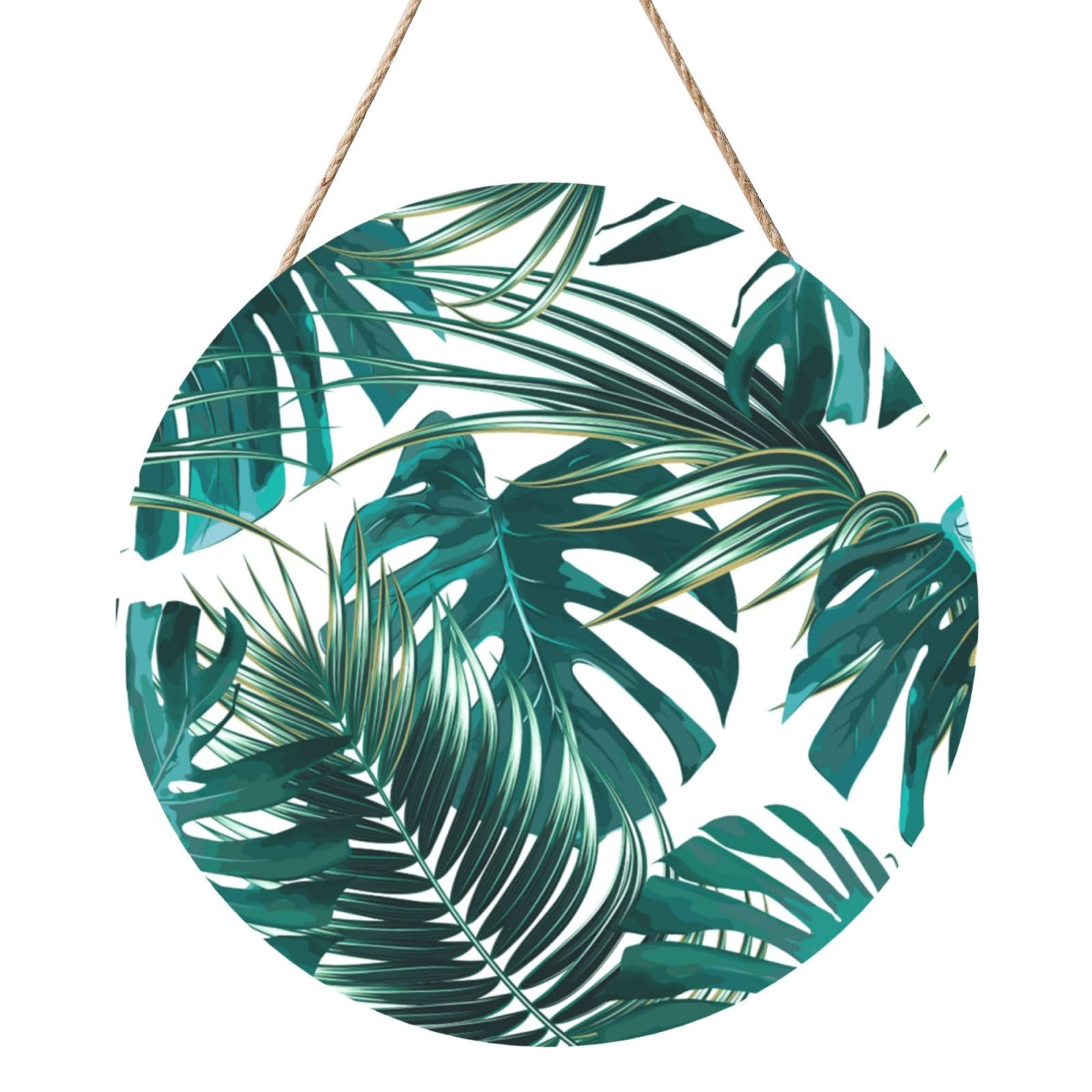 InOmak Tropical Jungle Palm Leaf, Round Wood Panel Painting 12 in, Wall Hanging Painting For Home