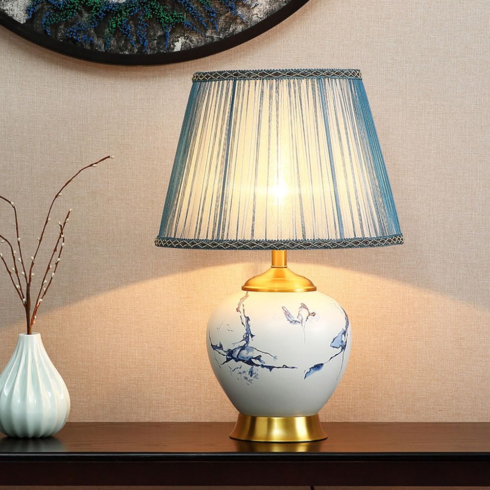 asdchZen Modern Farmhouse Ceramic Nightstand Lamp, 21.6In/25.6In Tall, With Painted Glazed Lamp Body And Lake Blue Fabric Shade, E27 Socket, Bulb Excluded-38 * 65Cm,36 * 55cm