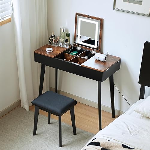 Miniatura 3 de Tocador Pequeño, Tocador Compacto para Niñas con Taburete y Toma de Corriente, Escritorio de Maquillaje con Espejo y Luz LED, Mesa de Tocador