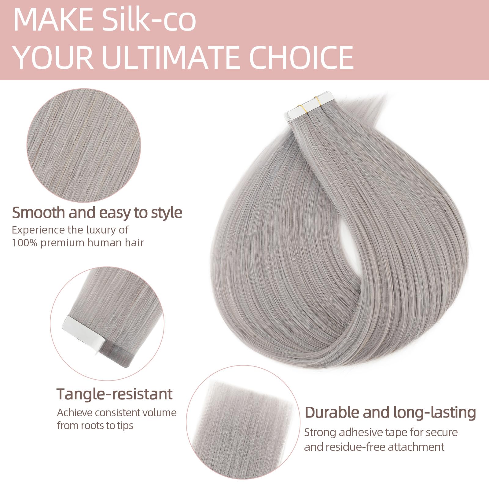 Silk-co Tape in Hair Extensions Remy Hair Extension Hair Pieces Silky Straight Human Hair Extensions Silky Soft Seamles 20 Pcs 20g/Set 14inch (20PCS)#Grey - Image 3