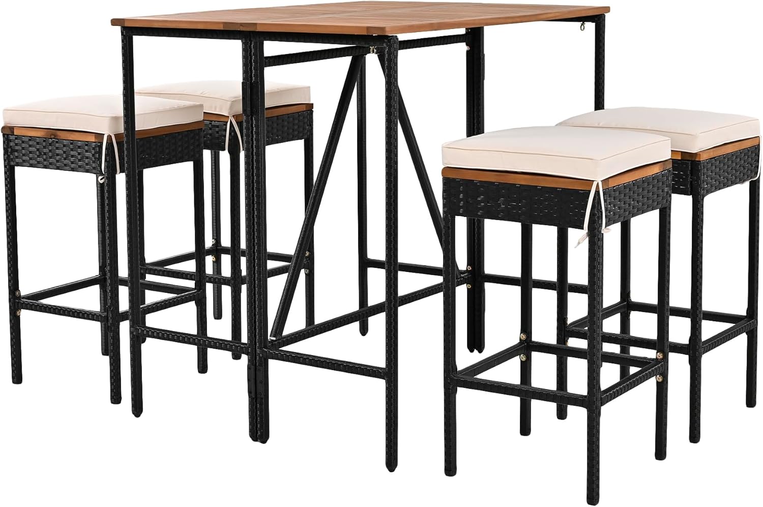 Merax 5 Piece Outdoor Patio Bar Set, 43.3" Bar Tables with Foldable Tabletop, 4 Cushioned 27.6" Bar Stools, Acacia Wood Bar Table and Chairs Set for Poolside, Balcony, Backyard, Porch, Brown
