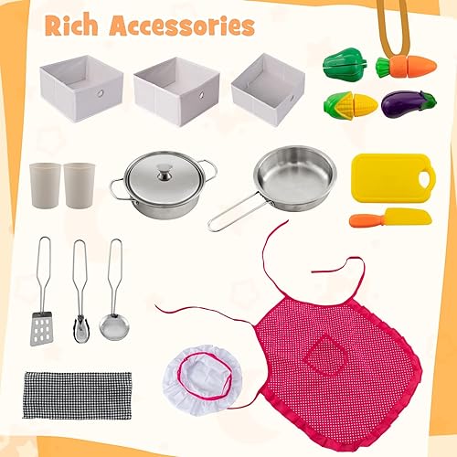 Miniatura 5 de Costzon Cocina de juego de esquina, juego de cocina de madera para niños pequeños con luces y sonidos, sistema de circulación de agua, lavadora,