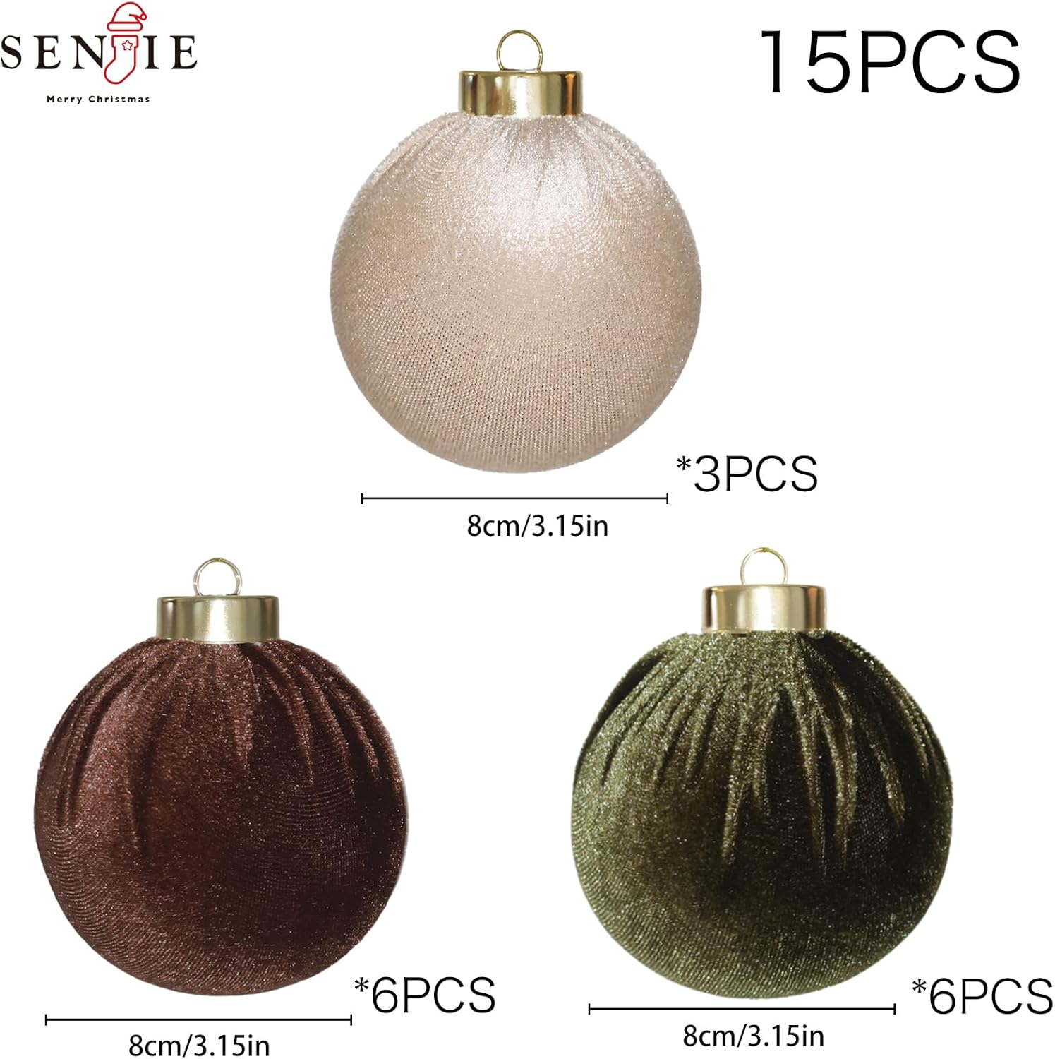3.15inch Velvet Ornaments for Christmas Tree, 15pcs Multicolor Flocked Christmas Ornaments Decorations Balls Set Decor Brown/Green/Beige 3.15inch