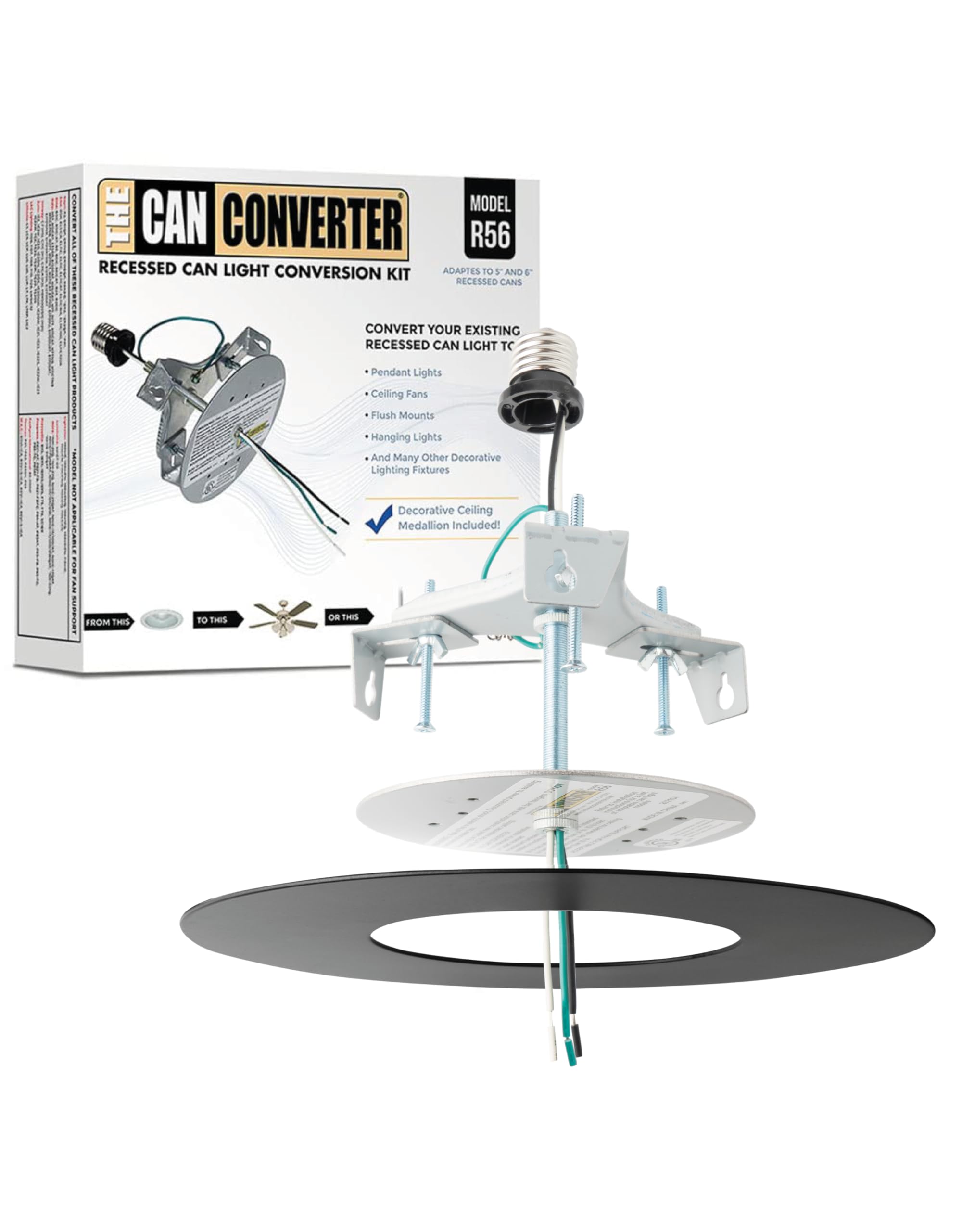 The Can Converter R56 Recessed Can Light Conversion Kit w/ 7"¾ Flat Ceiling Medallion - Home Improvement for 5" &amp; 6" Cans, Converter Kit for Ceiling Fan &amp; Light Fixture, UL Certified, Matte Black