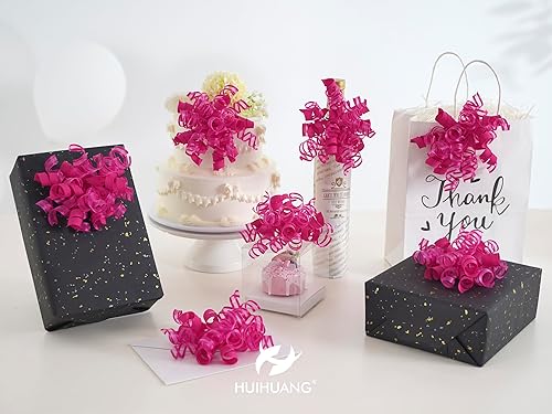 Miniatura 4 de HUIHUANG Lazos de color rosa intenso para envolver regalos, lazo de regalo rizado de 5 pulgadas x 8 unidades, lazos de cinta autoadhesivos para