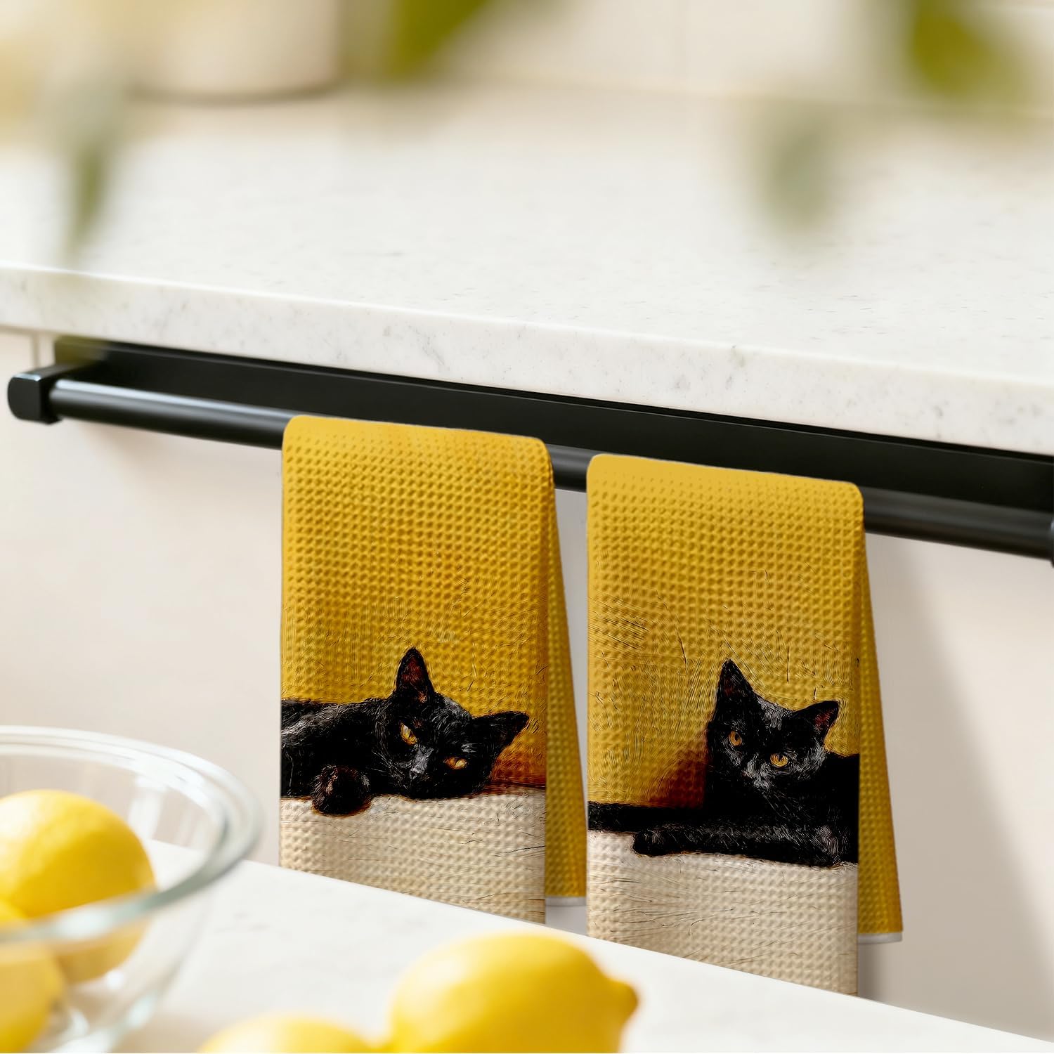 Black Cat Kitchen Dish Towels, Cat Lover Mom Lady Gifts, Mustard Yellow Moody Kitty Kitten Decorative Hand Tea Towels for Bathroom Kitchen, 16x24 Inches Set of 2 - Image 4