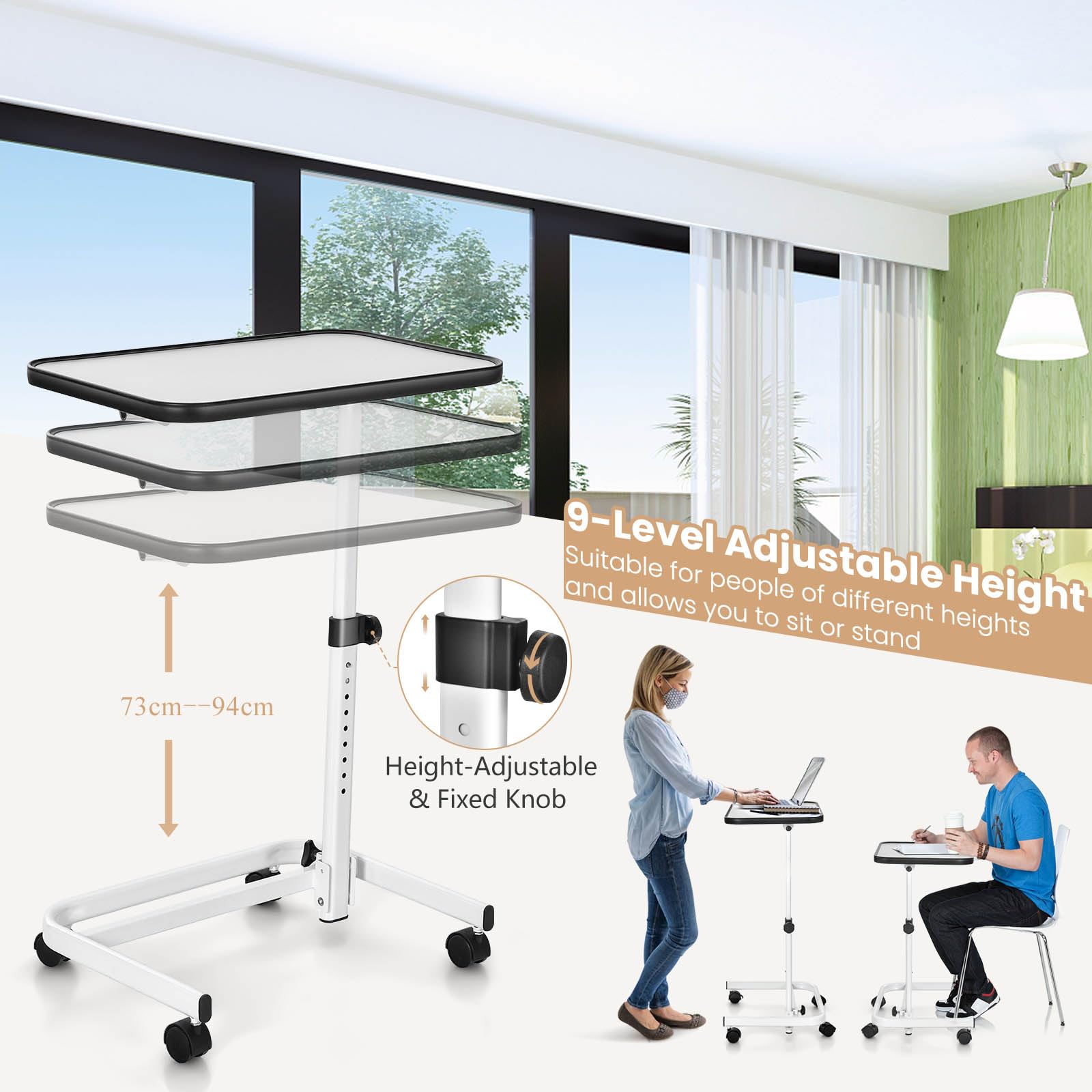 LIFEZEAL Table d'Appoint avec roulettes, Table de Lit Réglable en Hauteur, Bureau Assis Debout Rotative à 180°, Table pour Ordinateur Portable, 61 x 40,5 CM, Blanc
