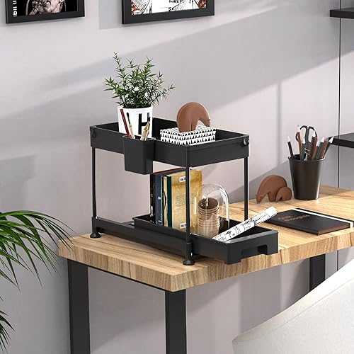 Miniatura 6 de SPACEKEEPER Organizador para debajo del fregadero organizador deslizante de 2 niveles para debajo del baño estante de almacenamiento con ganchos