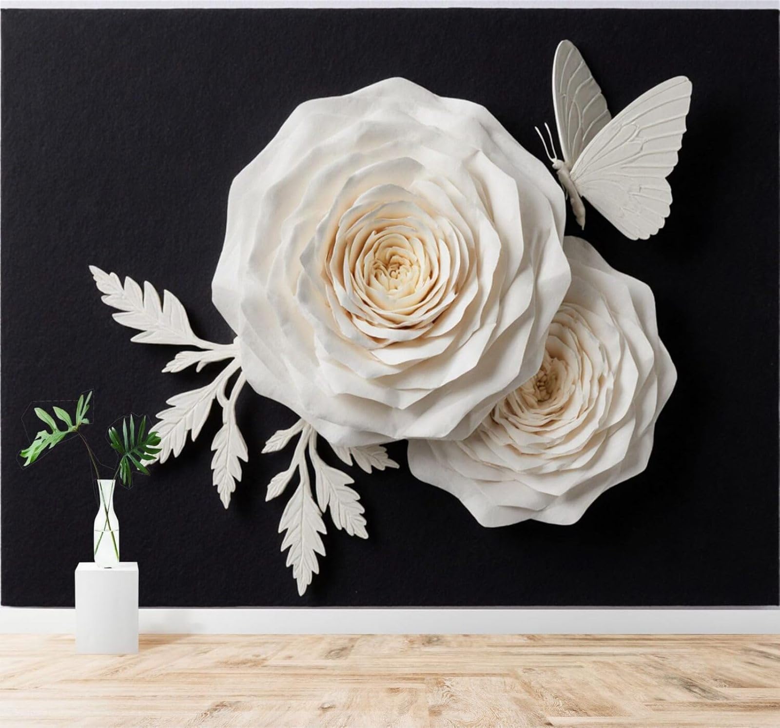 Xlming 200Cm×140Cm(B×H) Three Dimensional White Flowers Butterflies Black 3D Wallpaper Silky Texture Home Study Office Grey Dining Room Sofa Bedroom Living Room Tv Backdrop-200Cm×140Cm