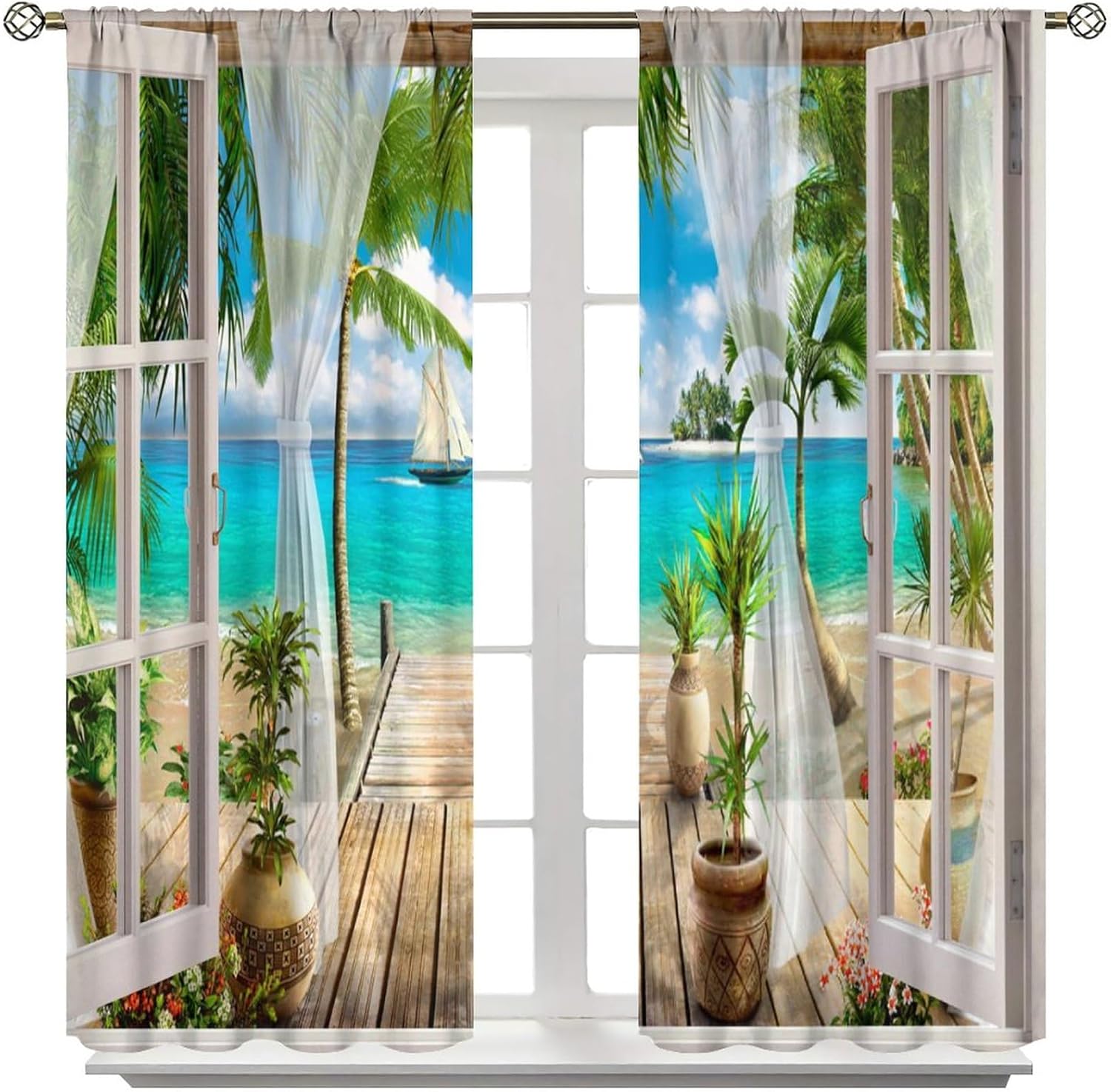 Beach Palm Tree Blackout Curtains，Ocean Tropical Island Tropical Drapes for Bedroom Living Room Window Darkening Curtain Set 2 Panels,42x45 Inches
