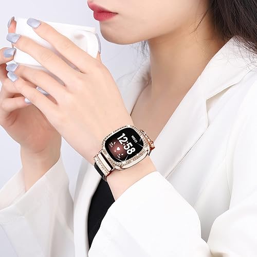 Miniatura 5 de Correa de reloj de cuero compatible con Fitbit Sense 2Fitbit Versa 4 correas para mujer, correa de cuero elegante con hebilla de metal de diamantes
