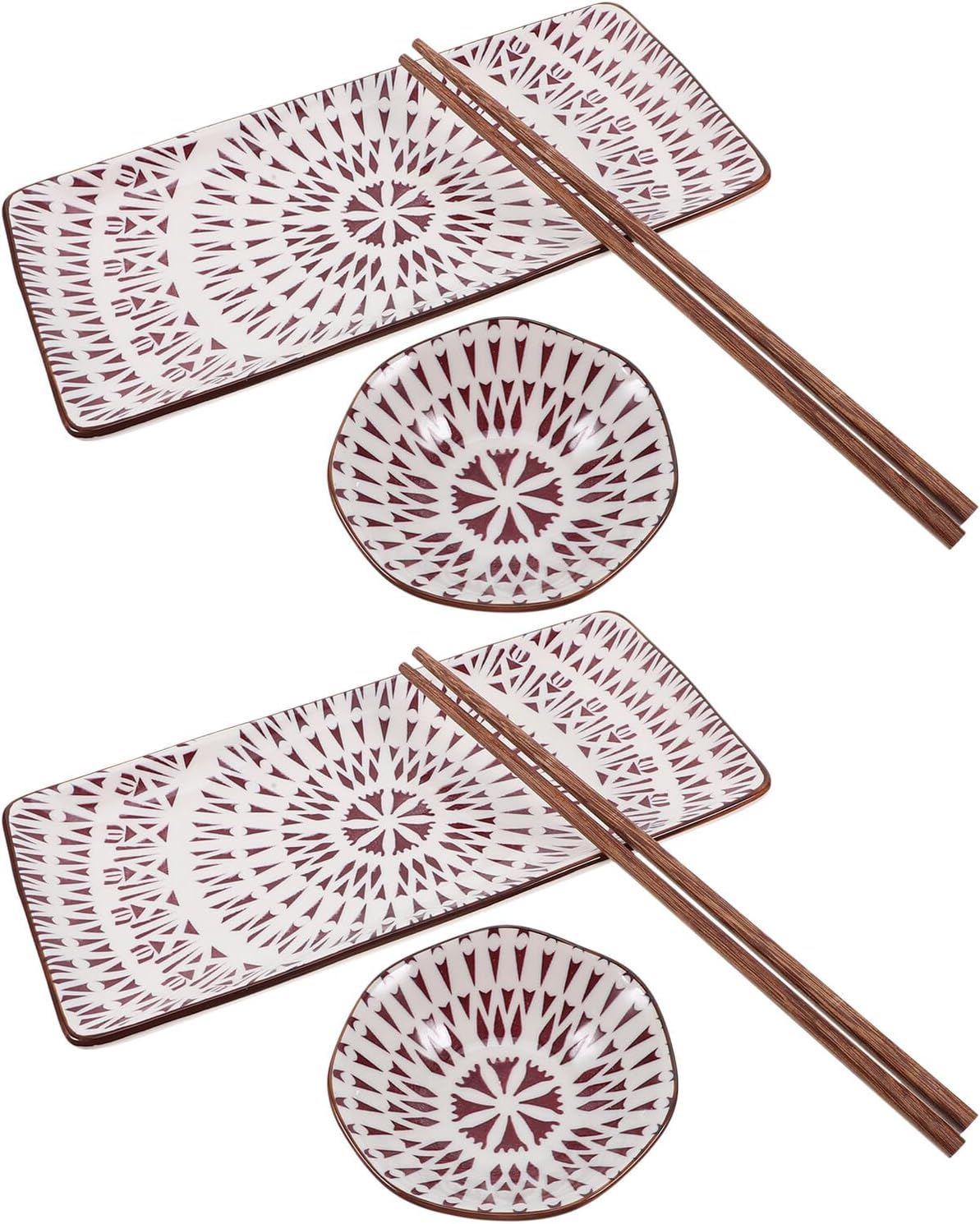 Japanese Style Sushi Plate Set 2 Ceramic Sushi Serving Trays with 2 Sauce Dishes and 2 Chopsticks Decorative Japanese Sashimi Dish for Home Dining