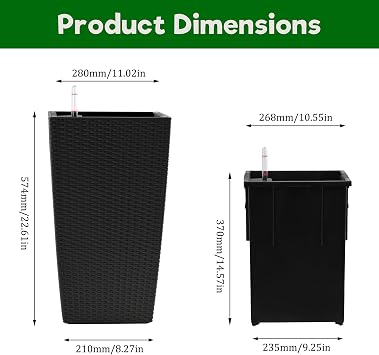 Havemies Set of 2 Square Planters with Automatic Watering System | Faux Rattan Design|22 Inch Tall Holds Large Plants or Small Trees|Lightweigh|Ideal for Porch Patio Backyard or Balcony