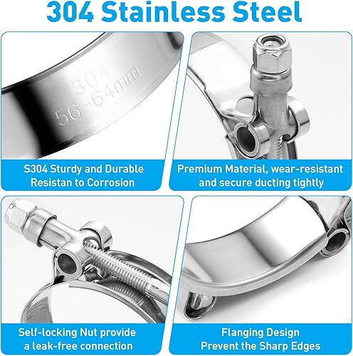 Miniatura 3 de Abrazadera de manguera de 2 pulgadas con perno en T - 2.205-2.520 in (2.20 - 2.52 pulgadas) Abrazaderas de manguera de acero inoxidable 304