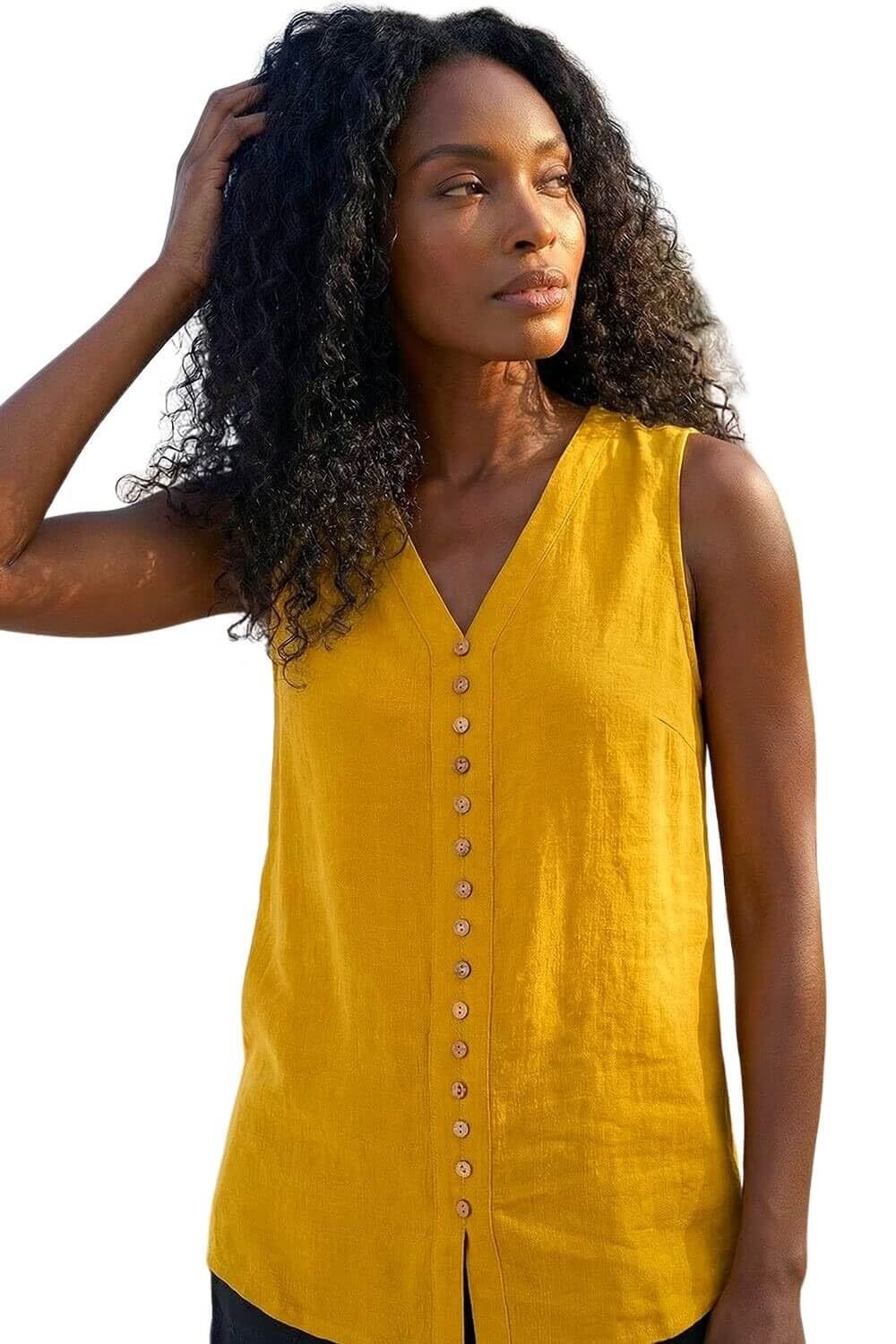 Roman Originals Women's Yellow Stripe Print Button Detail Vest Top For Uk - Everyday Holiday Spring Summer V-Neckline Comfy Soft Evening Vacation Work Party - Size 10