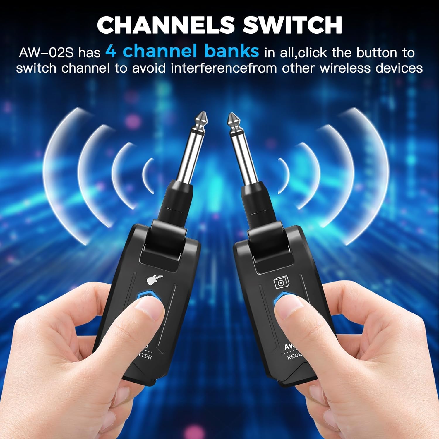 AITONE 5.8GHz Wireless Guitar Transmitter Receiver 4 Channel Rechargeable Cordless Guitar System 65ft Long Range Superior to 2.4GHz Anti-Interference for Electric Guitar Bass (AW-02S)