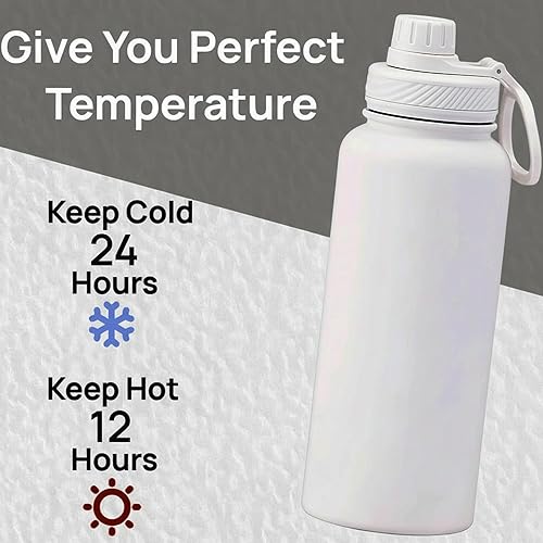 Miniatura 3 de Botella de agua blanca aislada de 32 onzas, botella de agua grande de acero inoxidable de metal, botella de agua para hombre, para gimnasio,