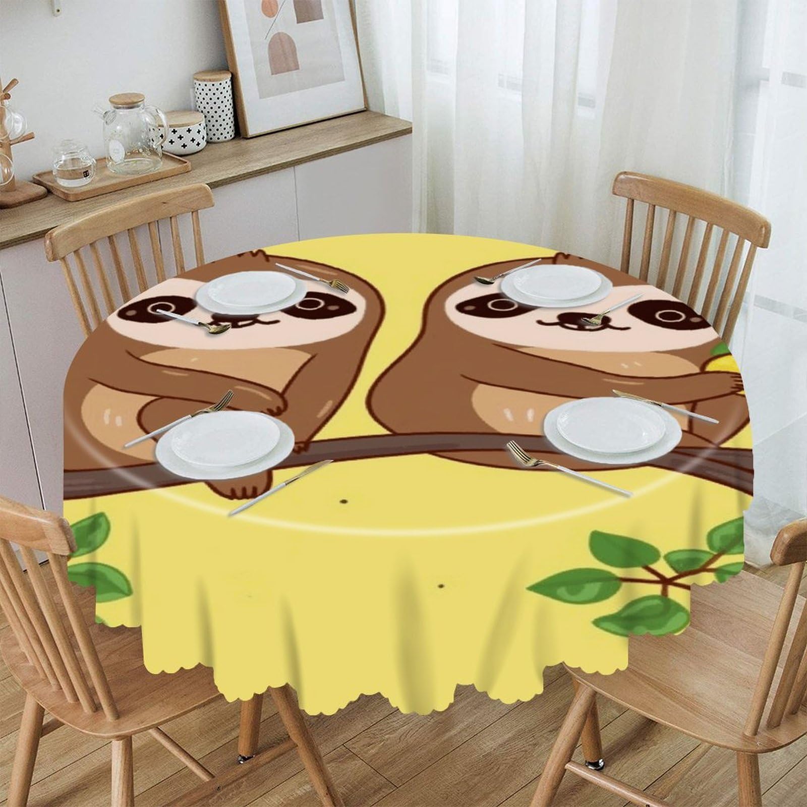 VstaDank Cute Sloths on Yellow Lemons Round Tablecloth Wipeable Round Polyester Tablecloth Waterproof Wrinkle Free Indoor and Outdoor Table Cover 60 Inch Decorative Farmhouse Table Cloth for Dining