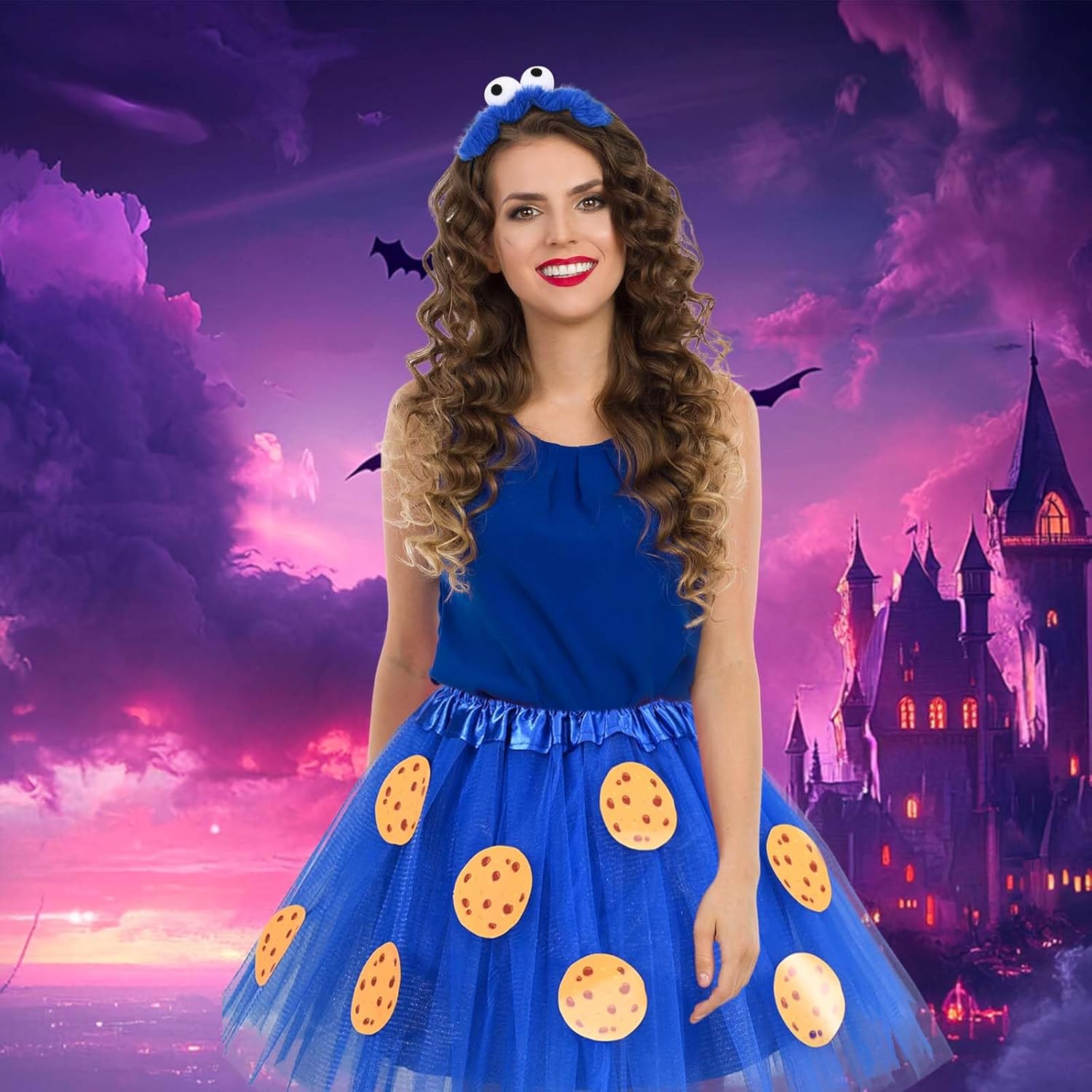 Kavoc Halloween Blue Cookie Costume Accessories Include Blue Tutu Skirt Cookie Stickers Headband for Halloween Women Cosplay Party Dress Up - Image 7