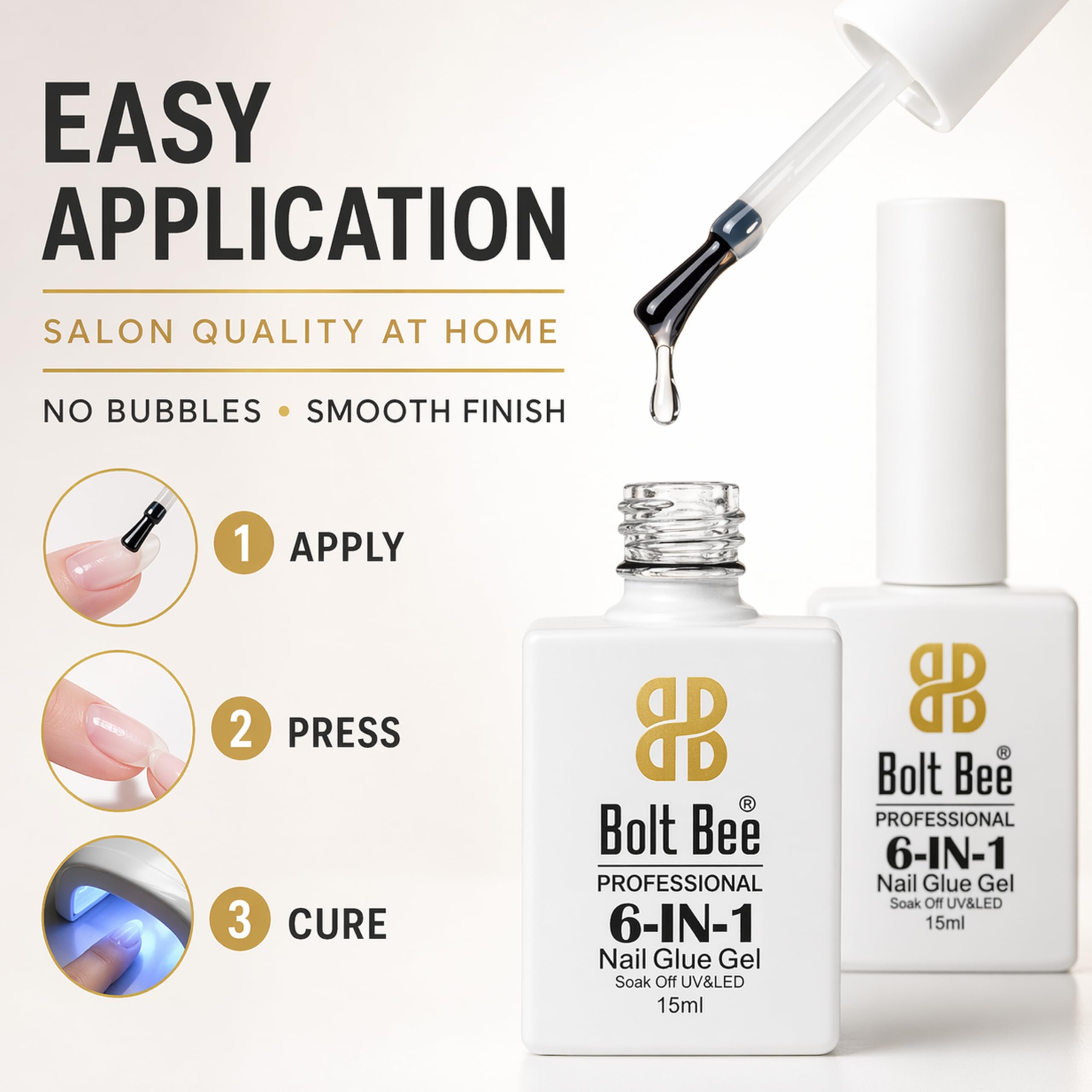 Bolt Bee 6 in 1 Gel Nail Glue for Acrylic & Press On Nails | Strong Adhesive Nail Extension Gel for Clear False nail Tips | UV Light Required Thick Formula | Long Lasting Clear gel-15ml 2