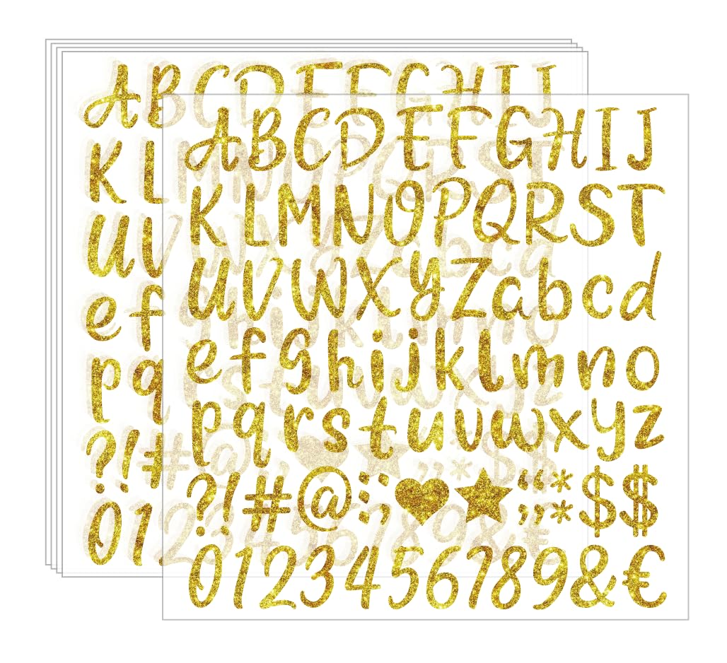 Photo 1 of 1 Inch 375 Pieces Cute Iron On Letters Iron on Numbers Heat Transfer Letters Paper for Clothing Sport Jersyes T Shirts Team Name (Gold)