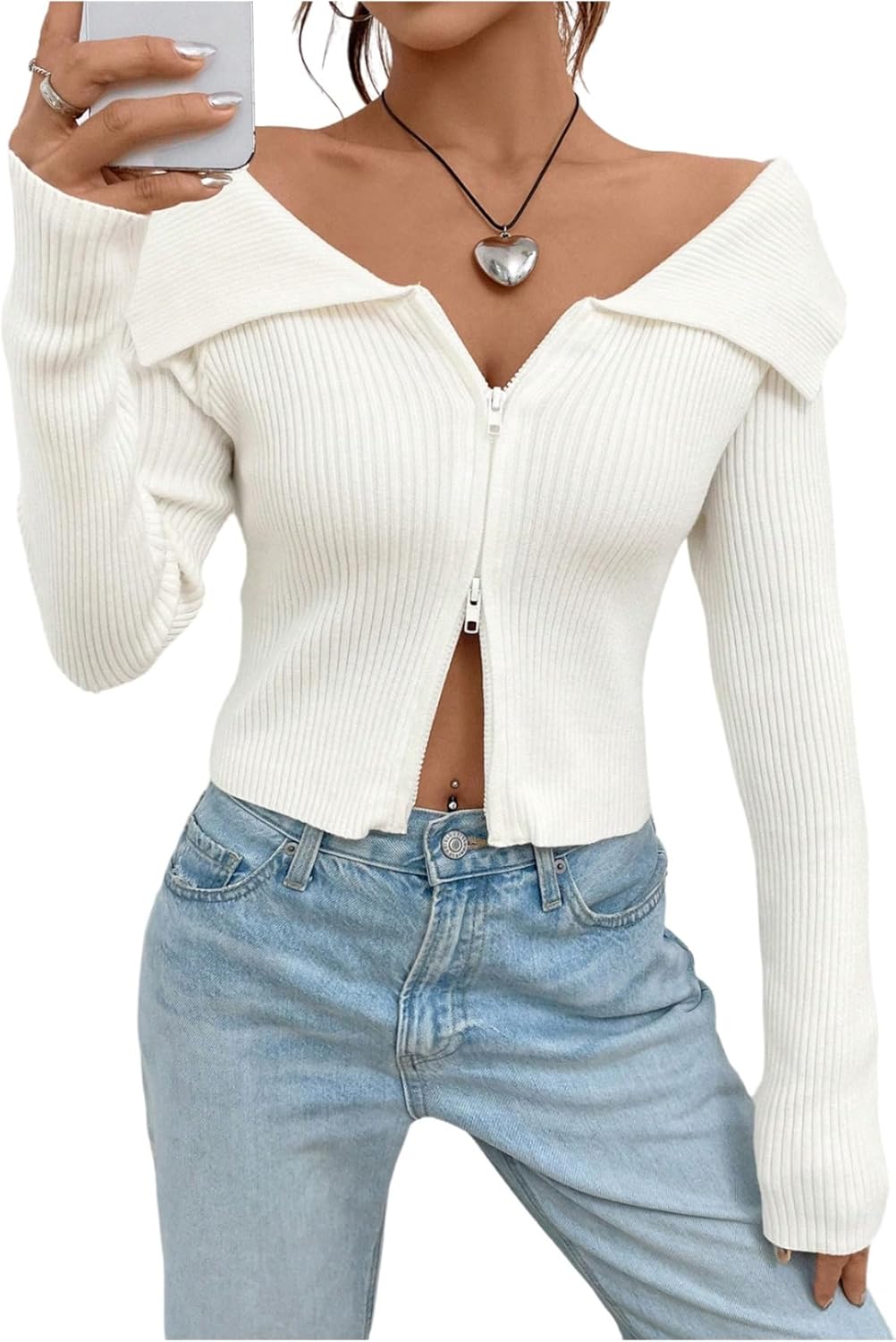 GORGLITTER Women's Cropped Off The Shoulder Cardigan Zip Up Long Sleeve Collar Knit Top Going Out Trendy Sweater 2026