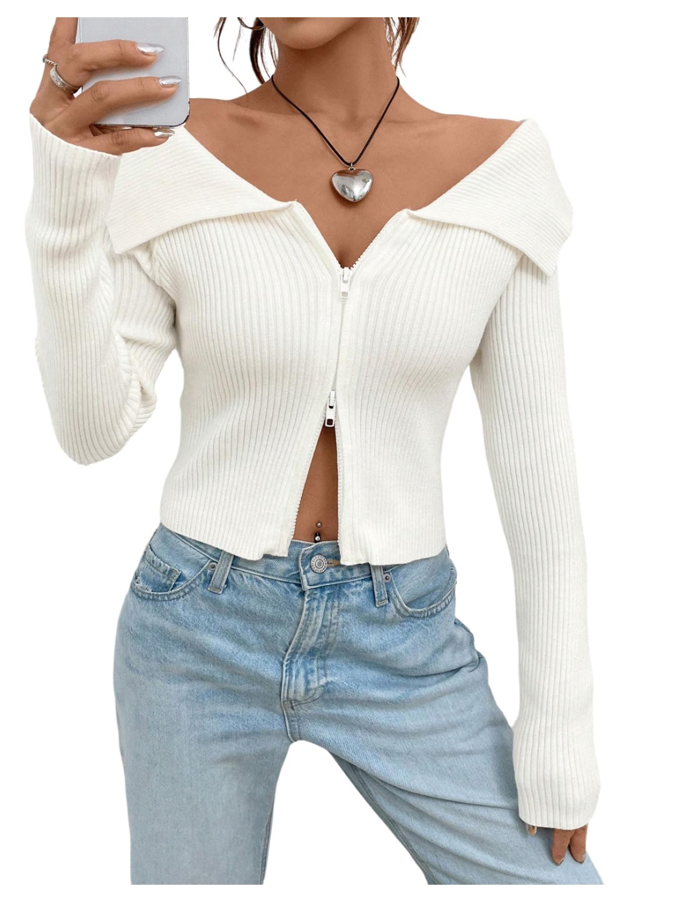 GORGLITTER Womens Zip Up Off The Shoulder Knit Top Trendy Long Sleeve Collar Cropped Cardigans Going Out Outfits