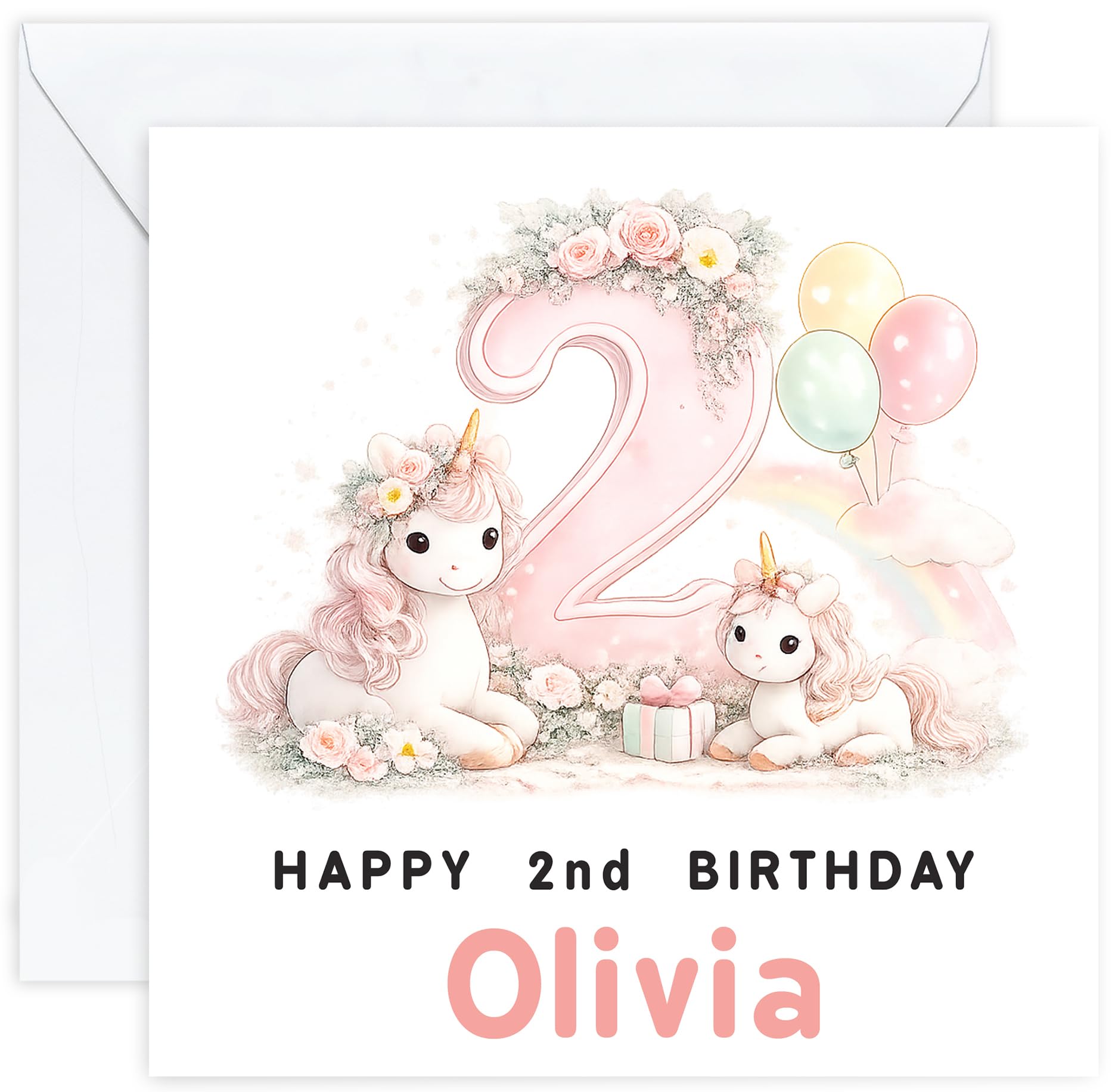Personalised 2nd Birthday Card for Girl | Two Year Old Girls Birthday Card with Name | For Her, Daughter, Granddaughter, Niece or Goddaughter (Design 3)