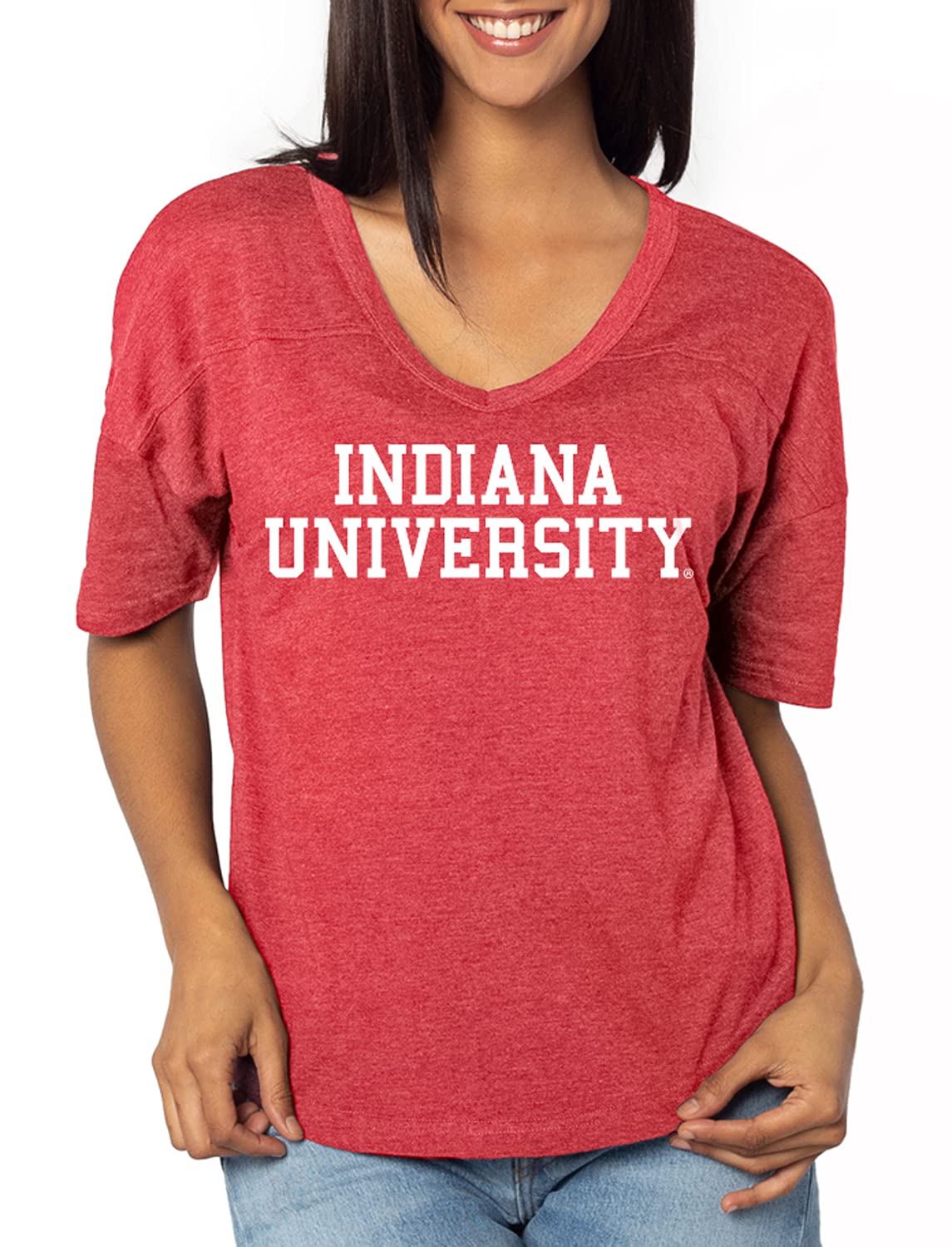UG Apparel Women's NCAA V-Happy Jersey - Crimson, V-Neck, Longer Short Sleeves, Officially Licensed Team Graphic