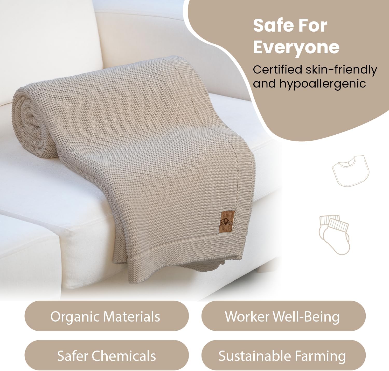 Dalisa 100% Organic Turkish Cotton Throw Blanket - GOTS Certified, Cozy - Perfect for Couch, Bed, and Home Decor - Boho Vintage Knit Alina (Beige, 50x60) - Image 4