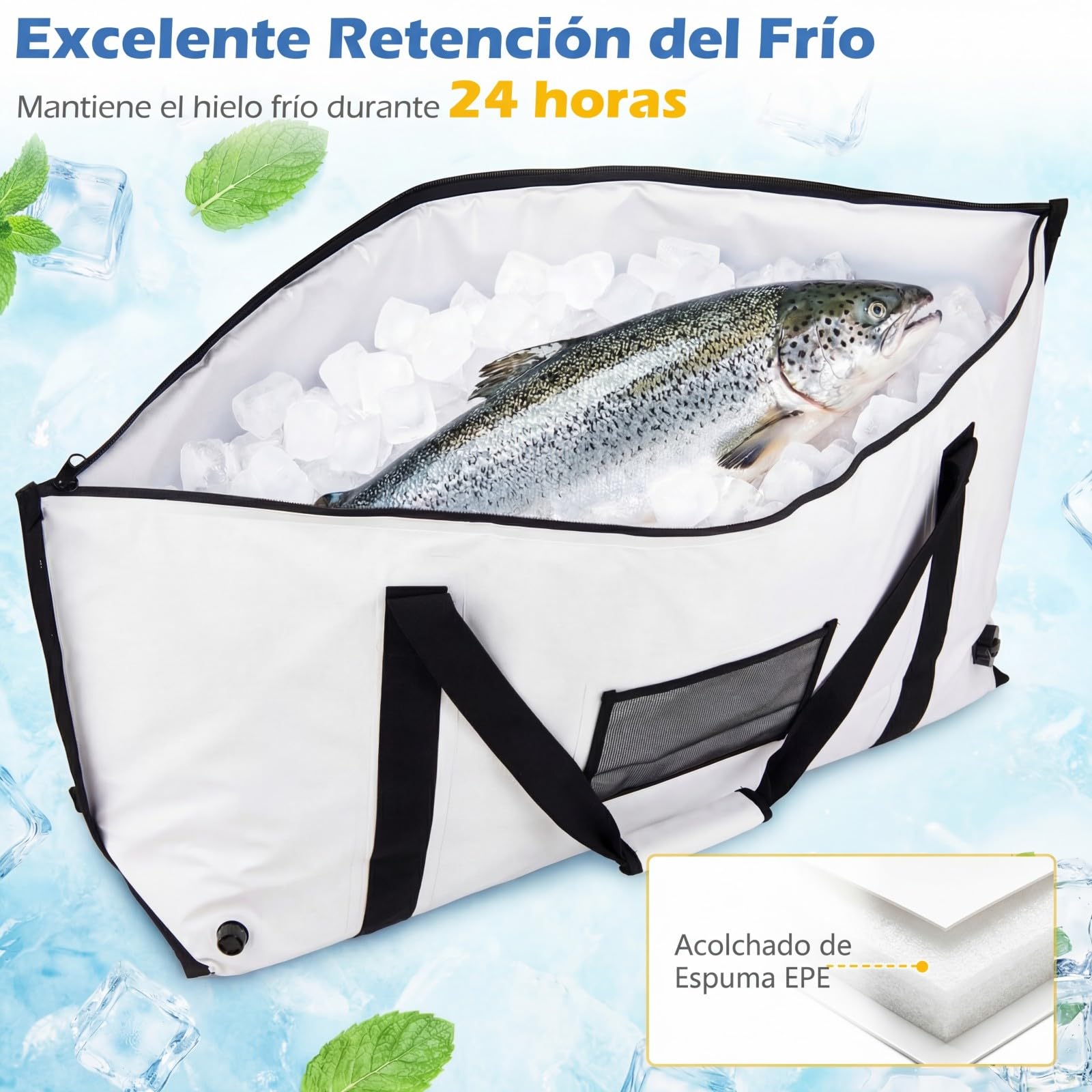 COSTWAY 122 cm Bolsa Isotérmica para Pescado, 80 L Nevera Portátil Impermeable y A prueba de Fugas que Mantiene el Hielo durante 24 Horas, Bolsa Térmica de PVC con Cremallera, Asa y Válvula de Drenaje