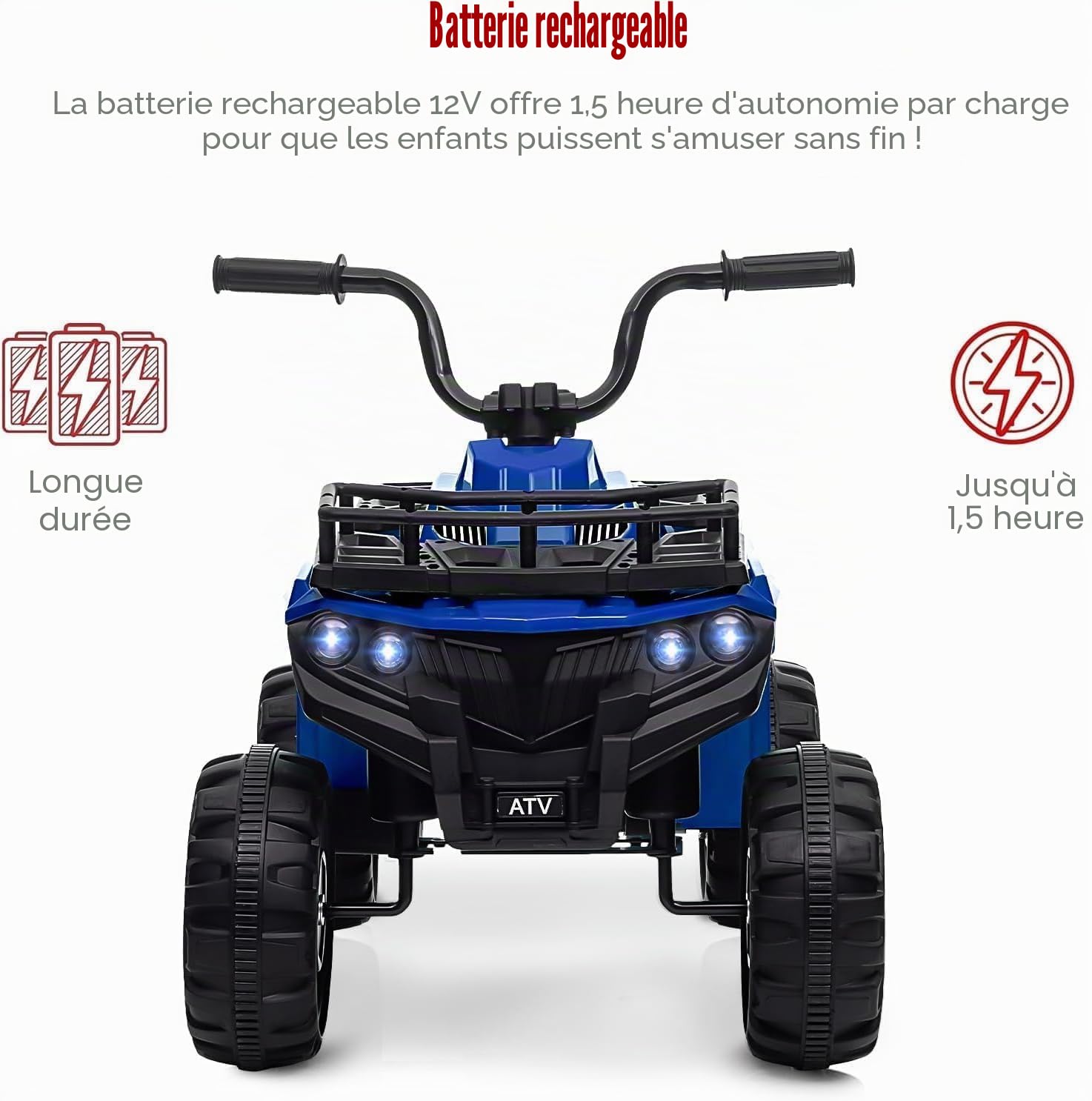Quad électrique pour enfants 12 V, 2 vitesses ATV, musique et lumières LED, longue durée de vie, voiture électrique pour enfants et filles 2-6 ans (Bleu)