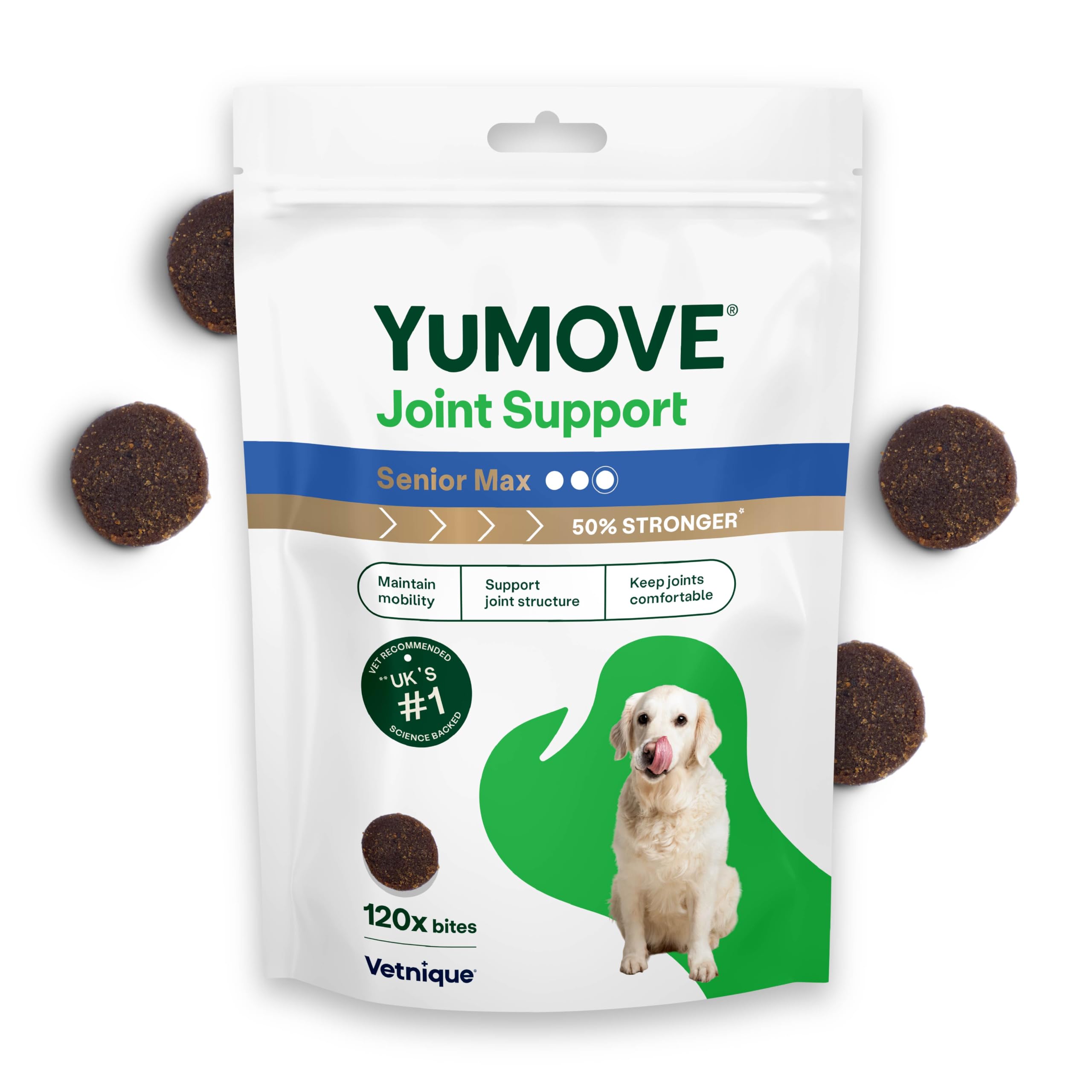YuMOVE Max Strength Joint Supplement for Senior Dogs, Essential Dog Hip and Joint Aid for Senior Dogs with Glucosamine, Chondroitin, Green Lipped Mussel, Aged 8+, 120 Chews