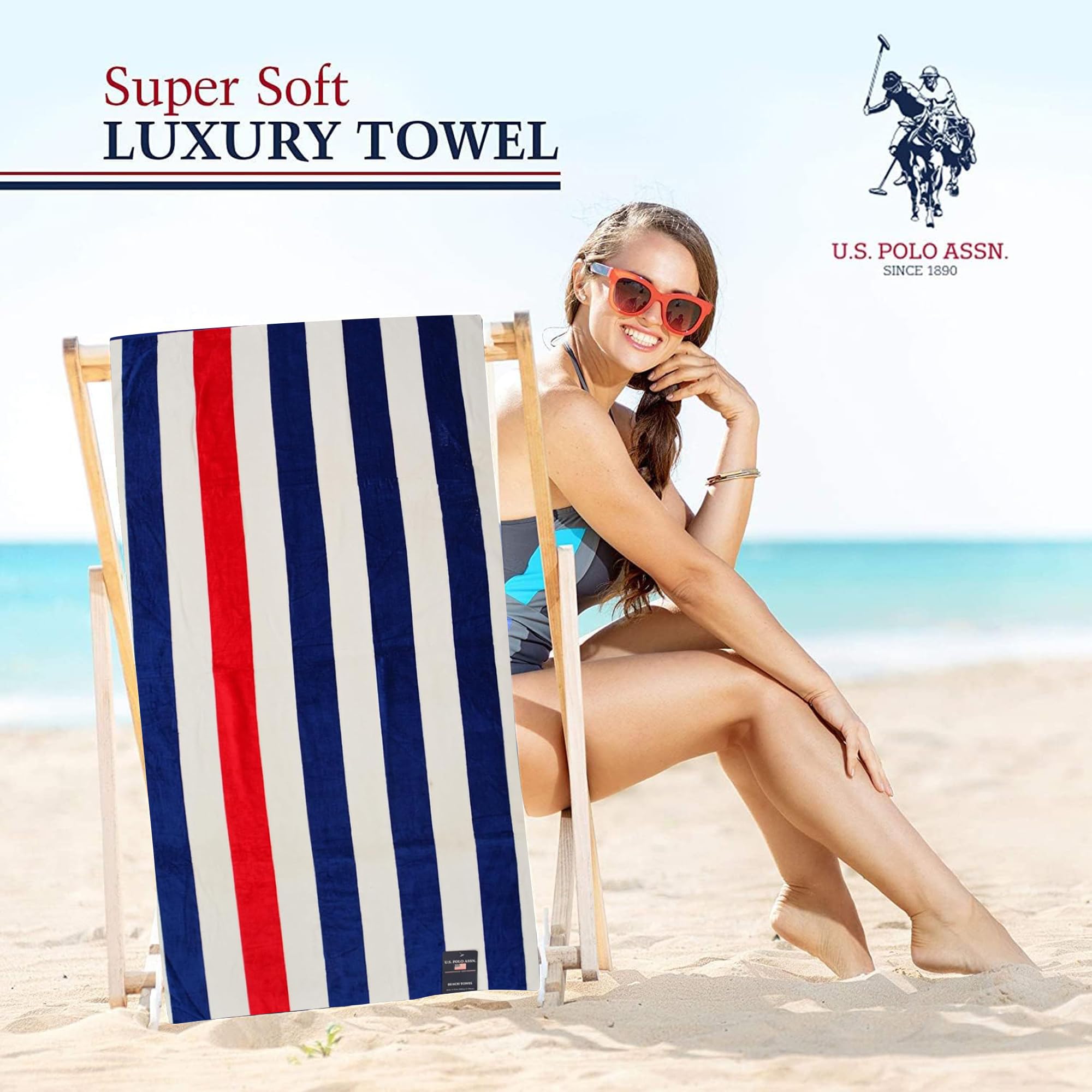 U.S. Polo Assn. Telo mare oversize (101,6 x 177,8 cm) a righe con design nautico - Lussuoso cotone felpato di qualità alberghiera per bagno, piscina - Cabana Stripe Navy/Rosso