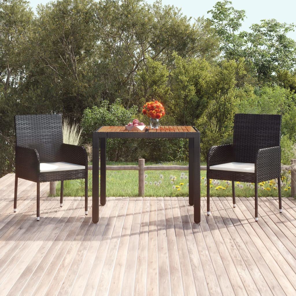 vidaXL Stół ogrodowy, drewniany blat, czarny, 90x90x75 cm, rattan PE, stolik ogrodowy, stół do ogrodu, stół na taras, stoliki ogrodowe