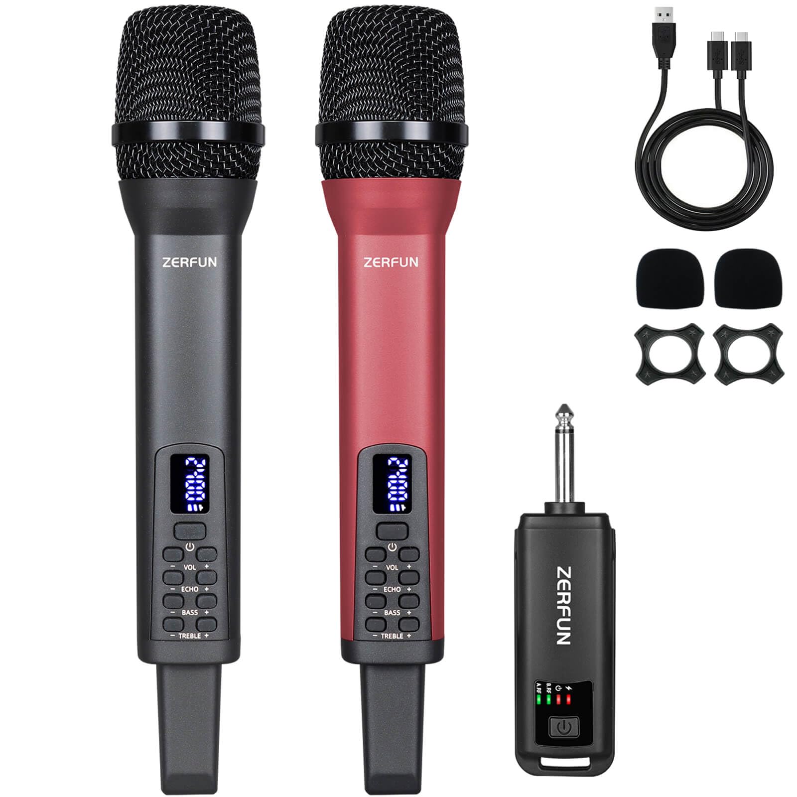 ZERFUN Rechargeable Wireless Microphones Dual, Pro Handheld Cordless Mics System Dynamic with Echo Treble BASS VOL Control for Karaoke Singing Church Party, 1/4'' Output, D240, Grey&Red