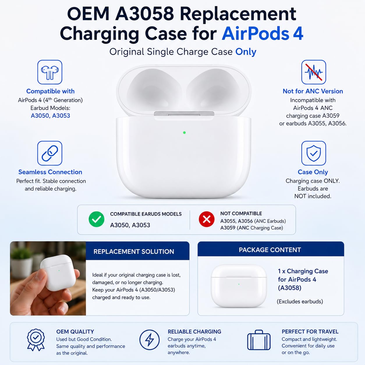 AirPods 4 USB‑C対応 A3050/A3053/A3058 本体 Amazon.com: OEM A3058 Charging Case Replacement for AirPods 4