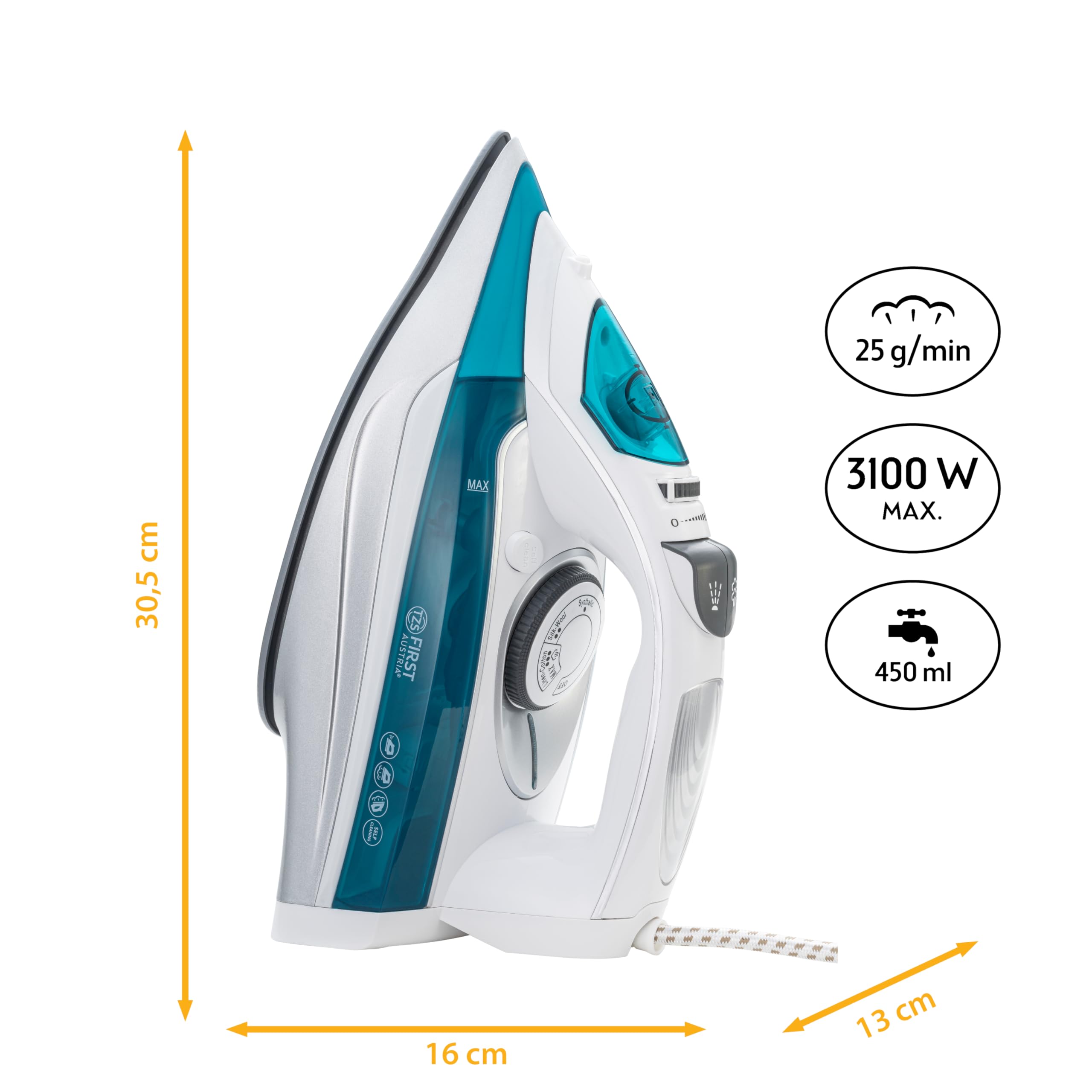 TZS First Austria - Fer à Repasser Vapeur 1200W - 450ml - 93 Sorties de Vapeur - Débit 27g/min & Effet Pressing 1g - Semelle Céramique - Anti-Calcaire, Vapeur Verticale & Auto-Nettoyage - Vert