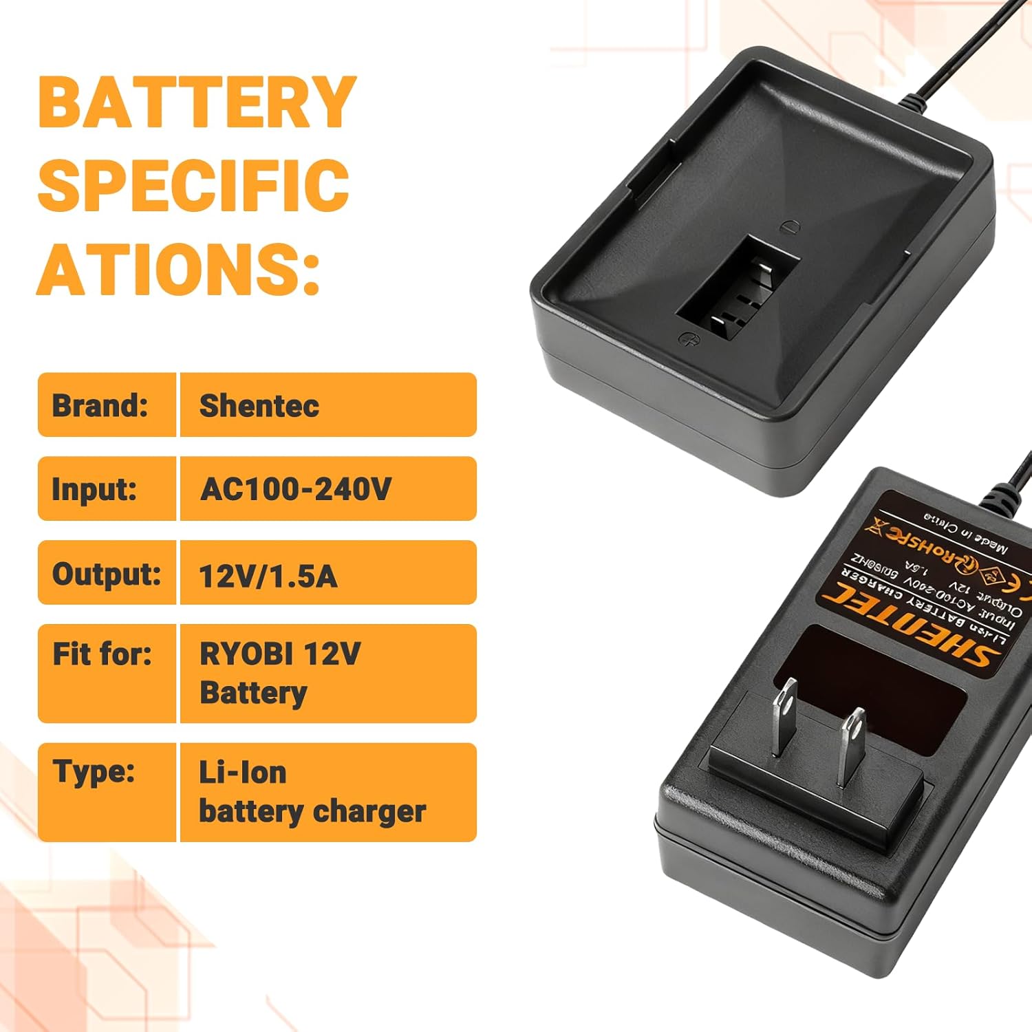 Shentec 12V Li-Ion Charger Compatible with RYOBI CB120L CB121L BPL-1220 L1212R CD100 130503001 130503005 C123D Pod Style Battery (Not for Ni-MH/Ni-Cd Battery)