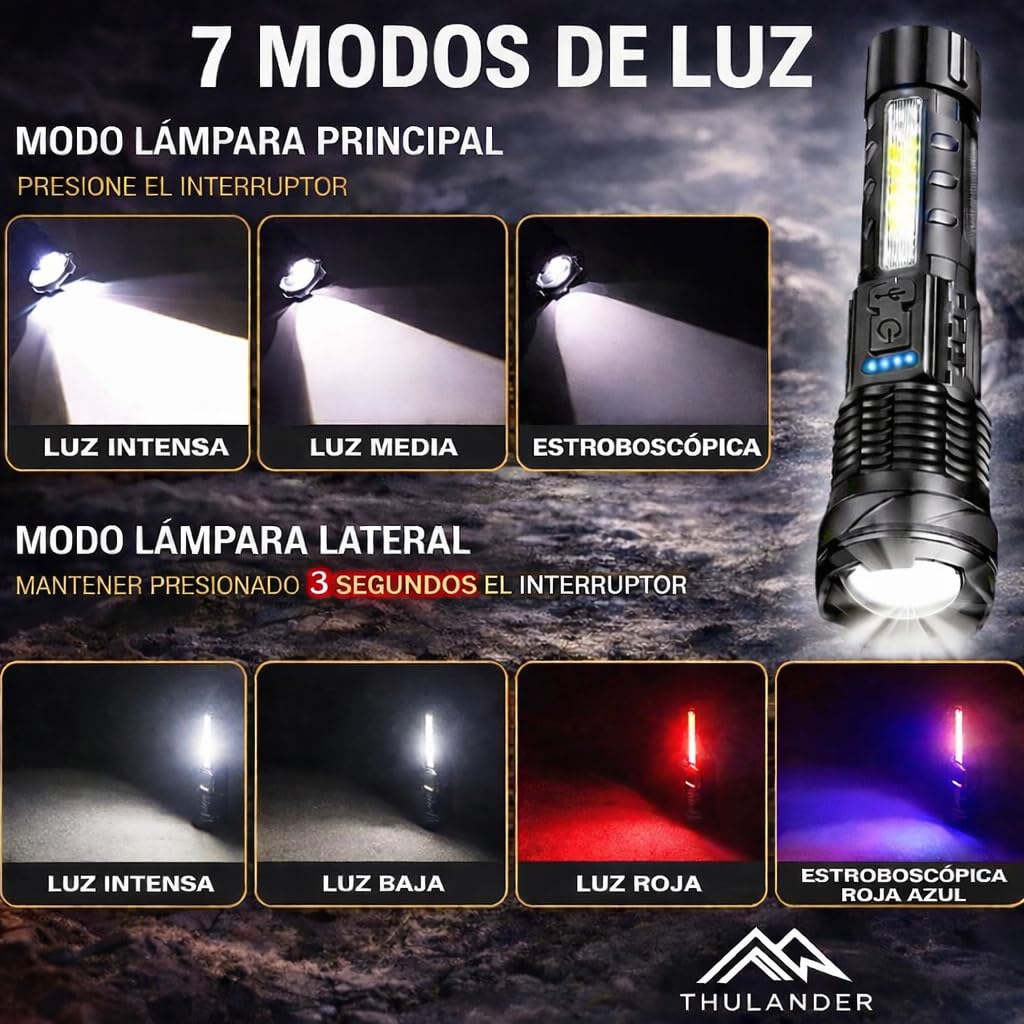 Pack 2 Linternas LED Alta Potencia Recargables USB – Linterna Táctica con 7 Modos, Luz Lateral COB, Enfoque Ajustable, Impermeable IPX6 + Pulsera Paracord – Para Emergencias, Camping, Coche, Caza